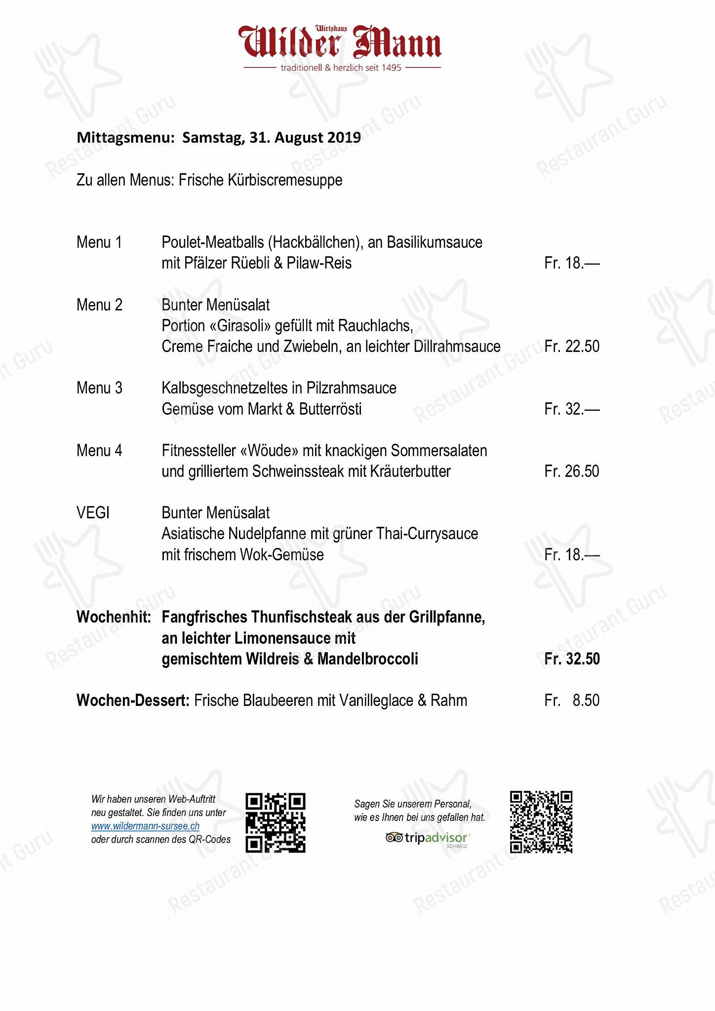 Wilder Mann Sursee AG in Sursee - Dinner Menu