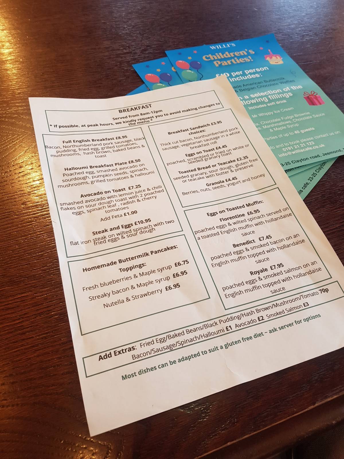 Menu at Willi's Cafe Jesmond., Newcastle upon Tyne
