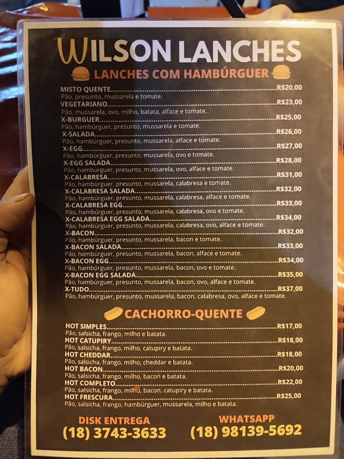 Wilson Lanches cardápio