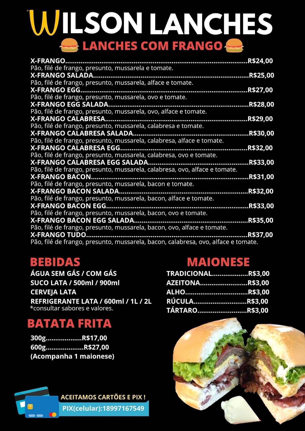 Carta del pub y bar Wilson Lanches, Ilha Solteira