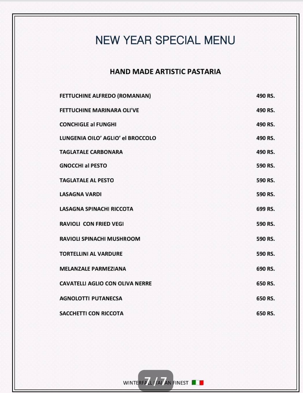 Winterfall italian finest menu