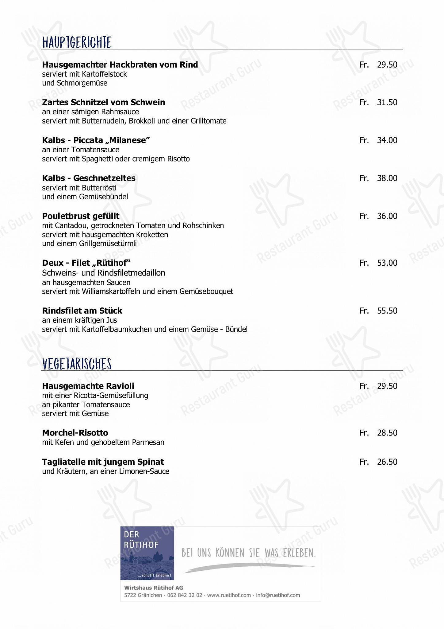 Menu di Restaurant Rütihof, Gränichen