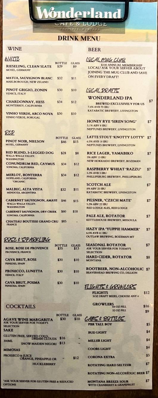 Menu at Wonderland Cafe & Lodge, Gardiner