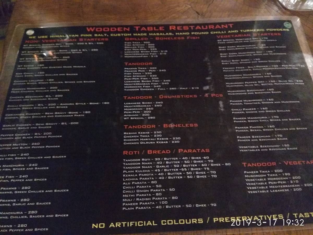Wooden Table Restaurant menu