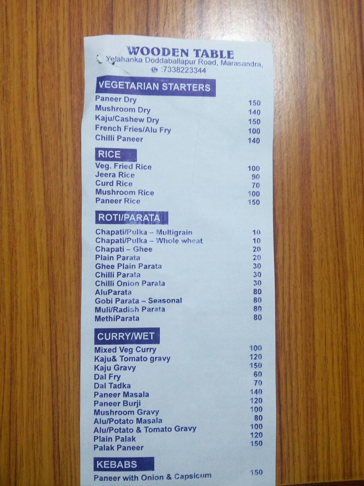 Wooden Table Restaurant menu