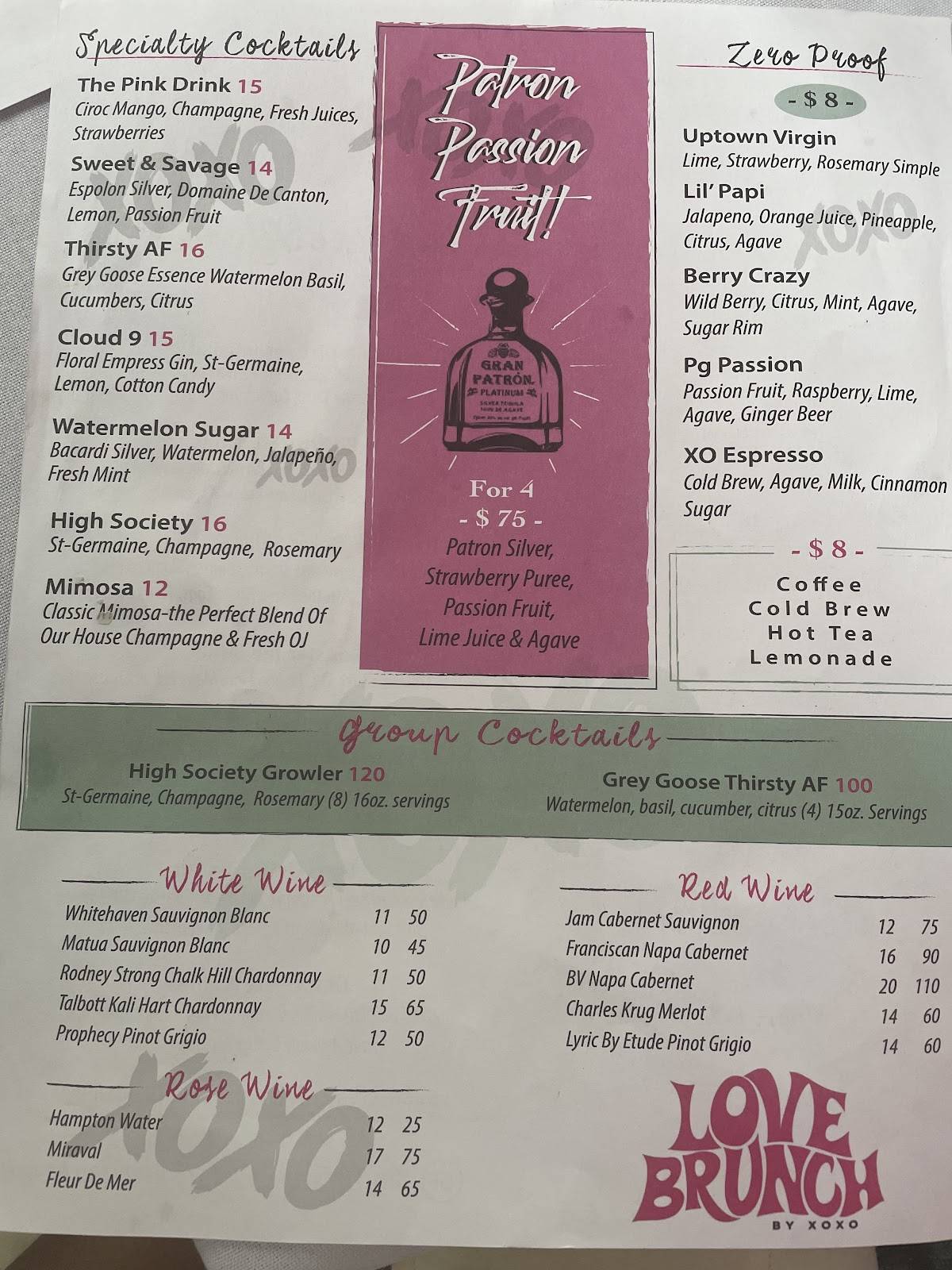 Menu at XOXO Dining Room restaurant, Dallas