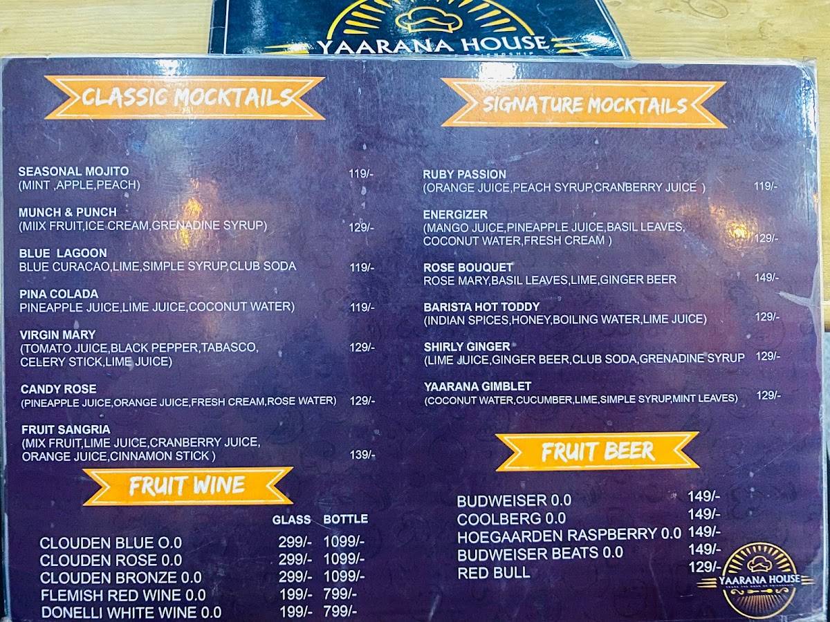 YAARANA HOUSE menu