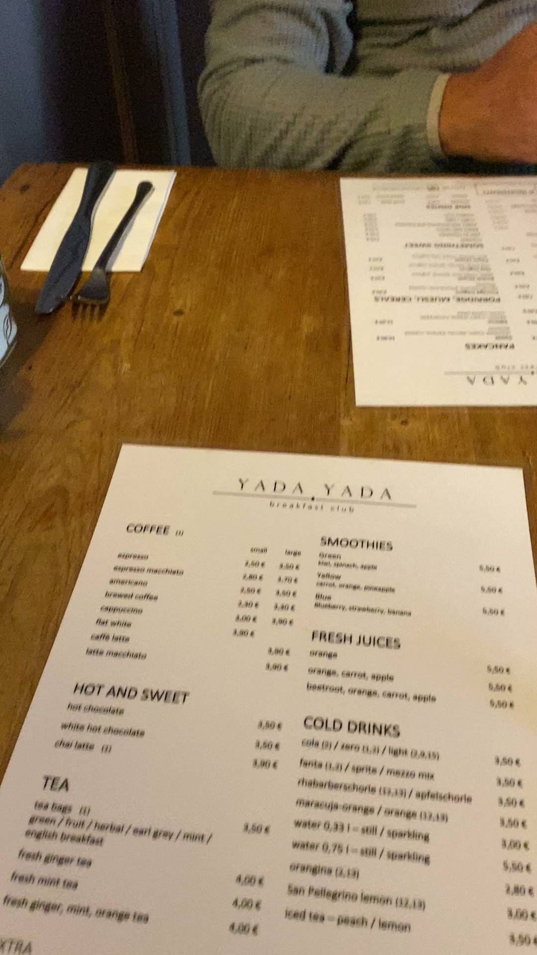 Speisekarte von YADA YADA "breakfast club", Berlin