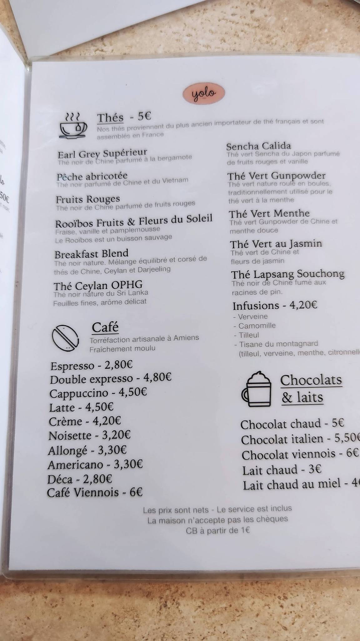 Menu de Yolo - Salon de thé