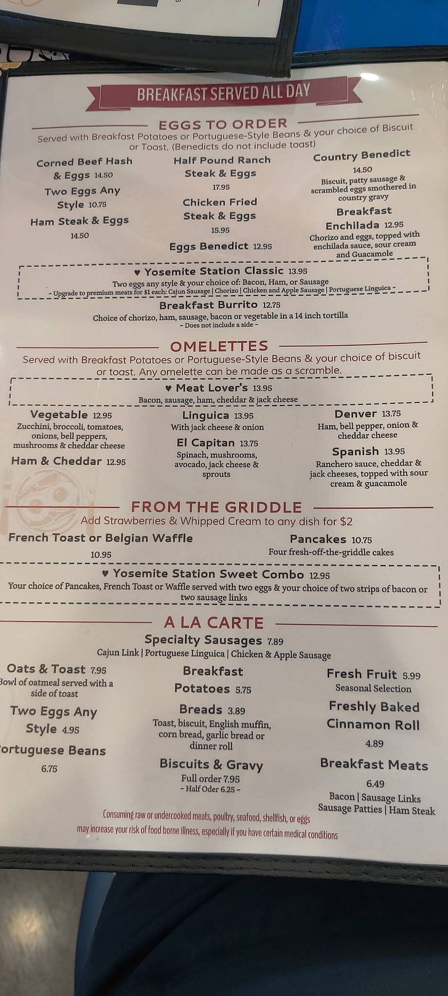 Menu at Yosemite Station restaurant, Merced