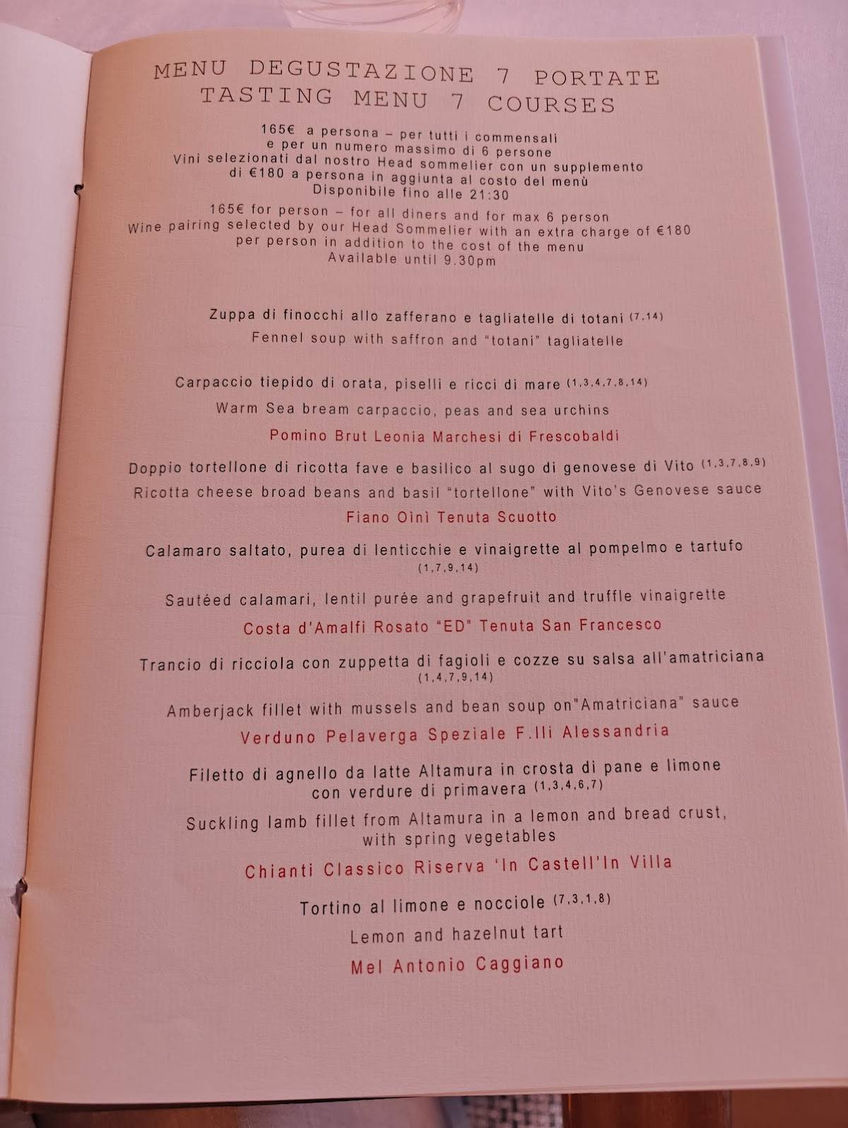 Menu di il san pietro di positano 