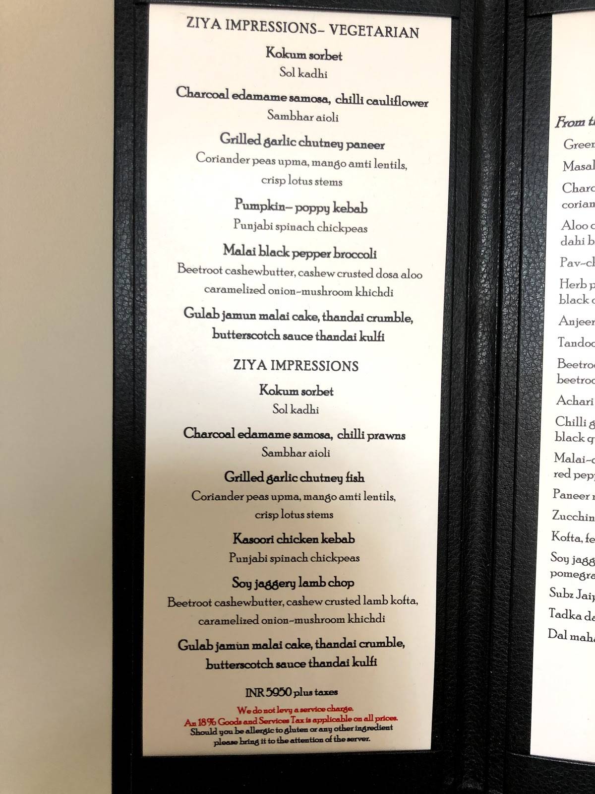 Menu at Ziya Restaurant, Mumbai, The Oberoi