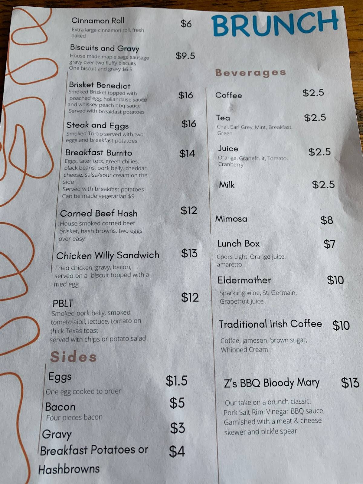 Menu at Z’s BBQ Lostine Tavern, Lostine