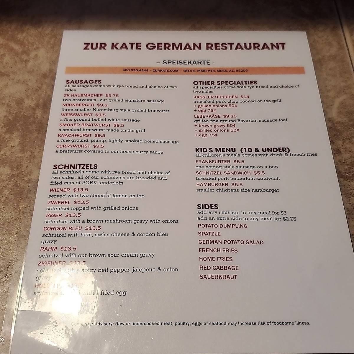 Menu at Zur Kate German Restaurant, Mesa
