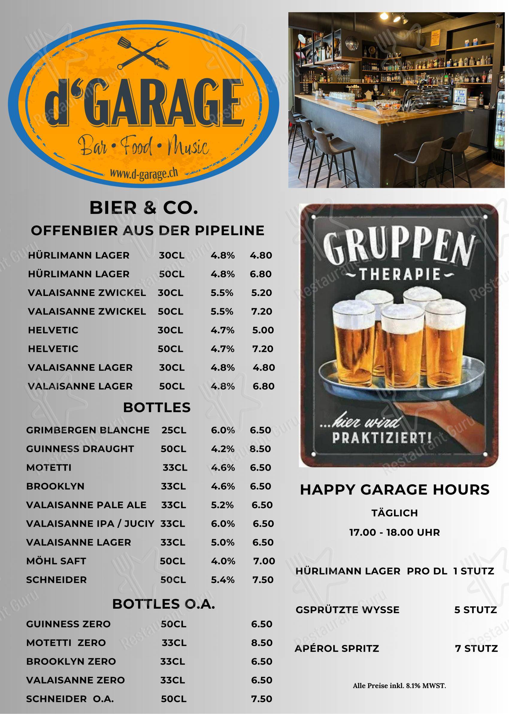 Menu bar per d`GARAGE in Hinwil