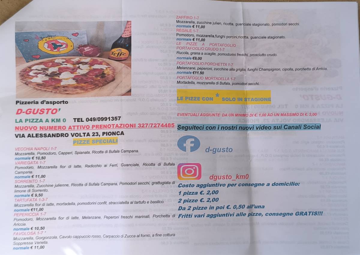 Menu di d-gusto La Pizza A km.0 