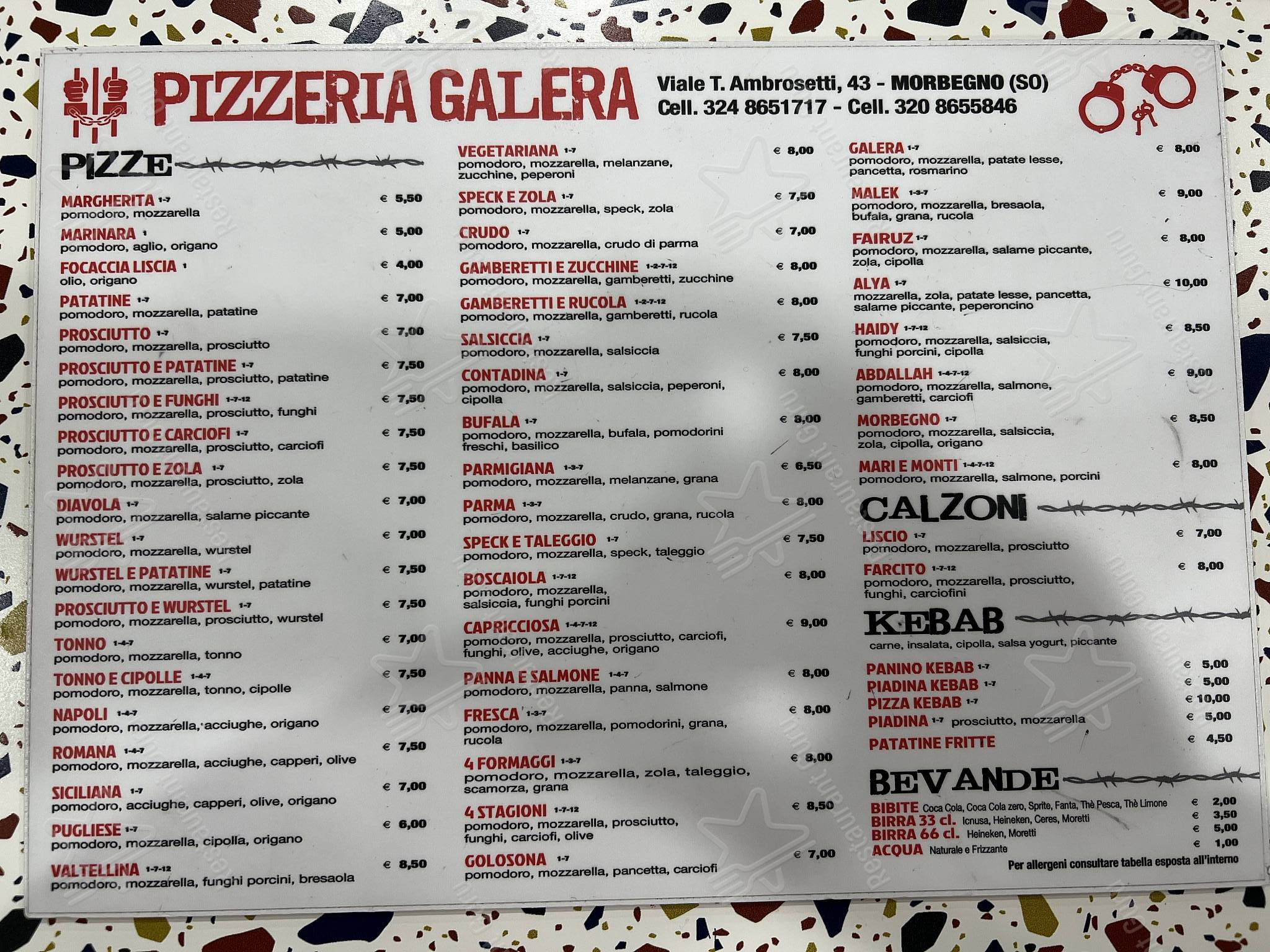 Menu di PIZZERIA GALERA MORBEGNO - piatti e bevande