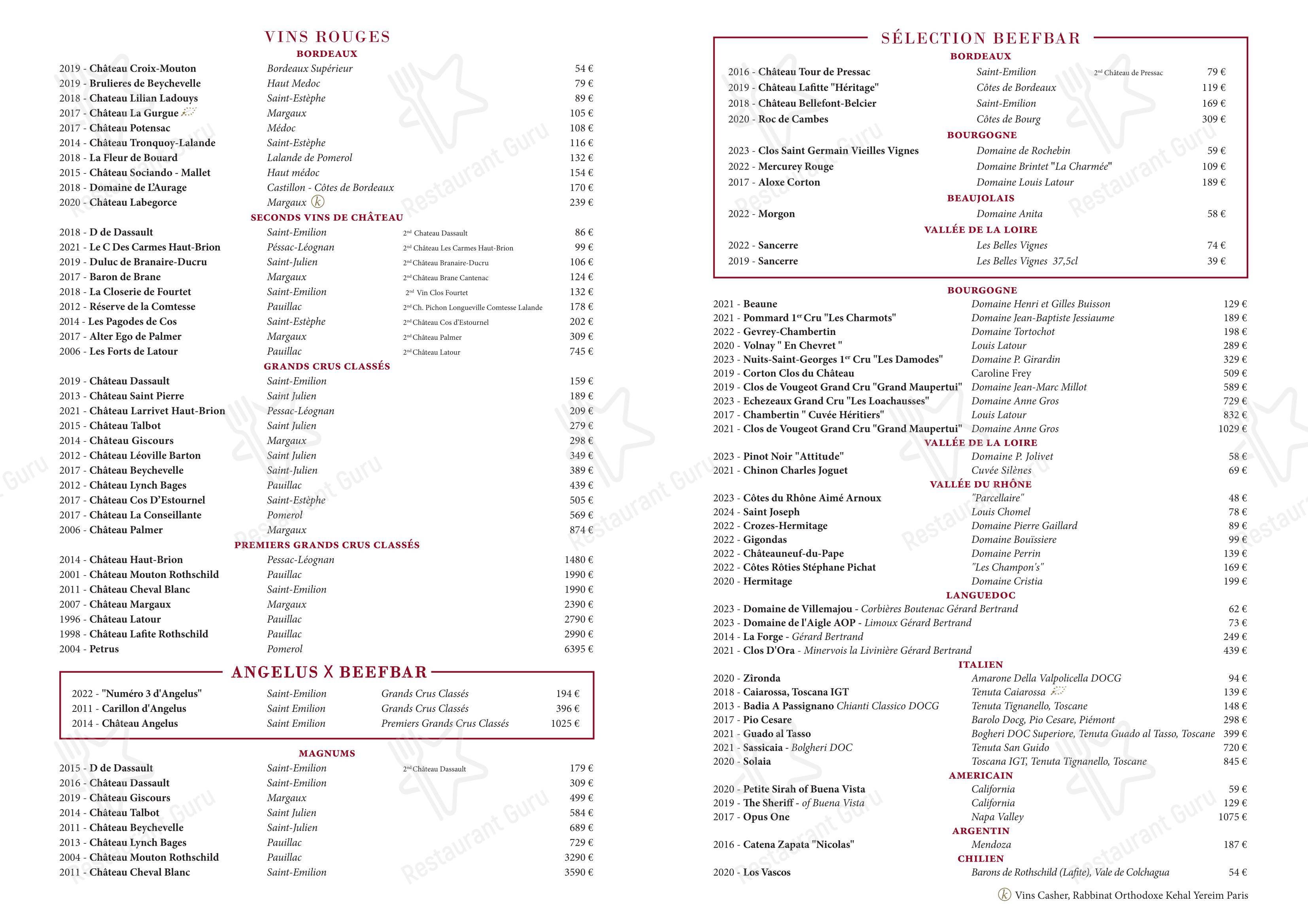 Menu pour Beefbar Paris - Ночное меню