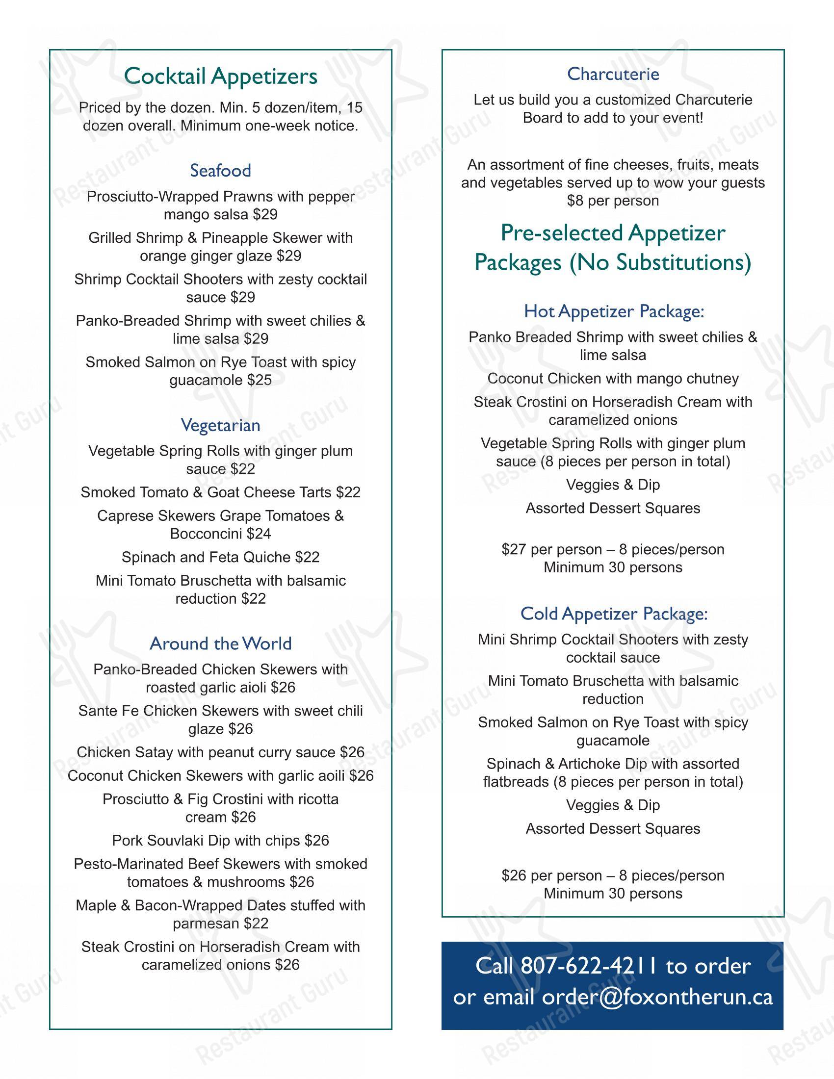 Menu pour Fox on the Run restaurant