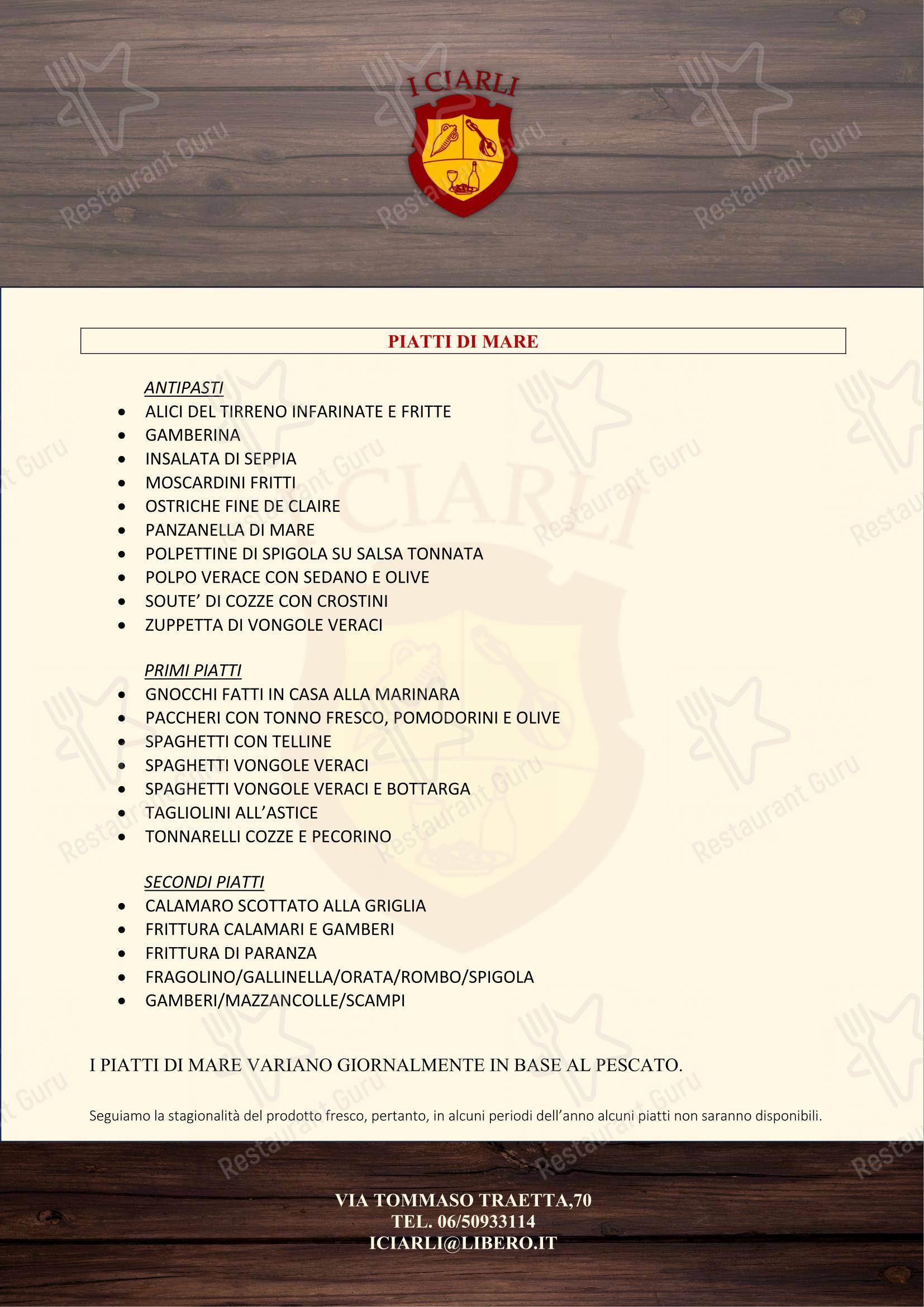 I CIARLI RISTORANTE-GRIGLIERIA-BAR in Roma - Menu