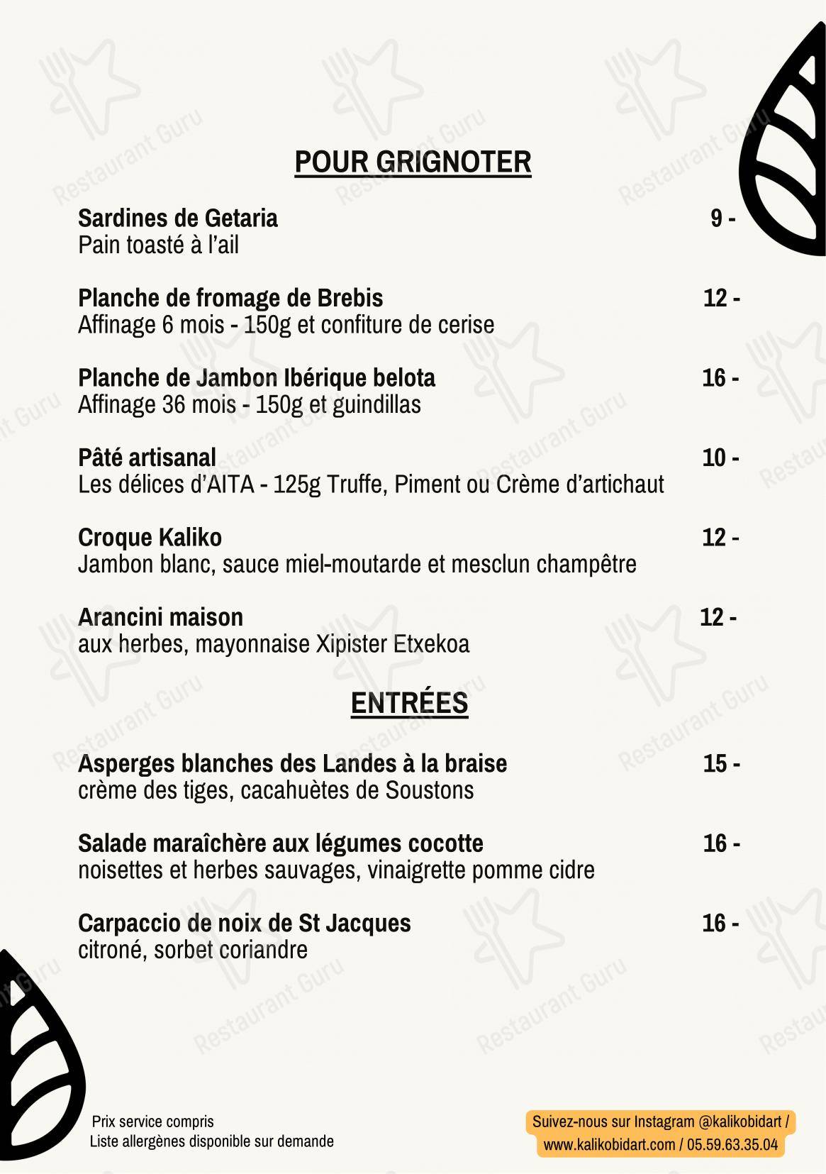 Menu pour Kaliko restaurant