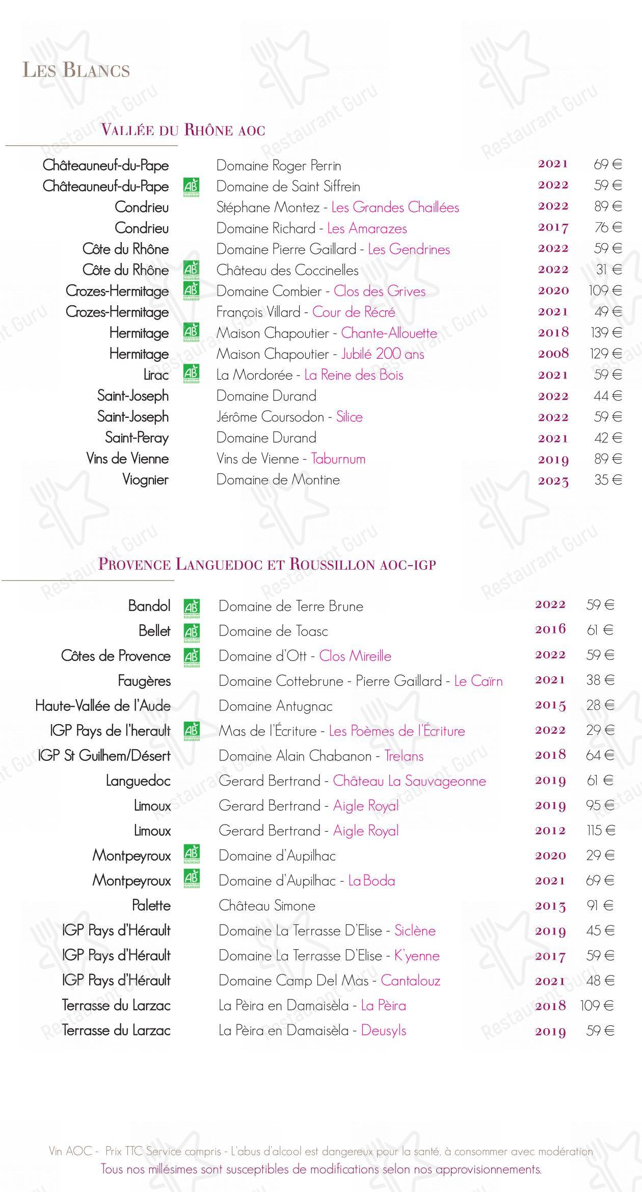 Menu pour La Table du Donjon - Menu