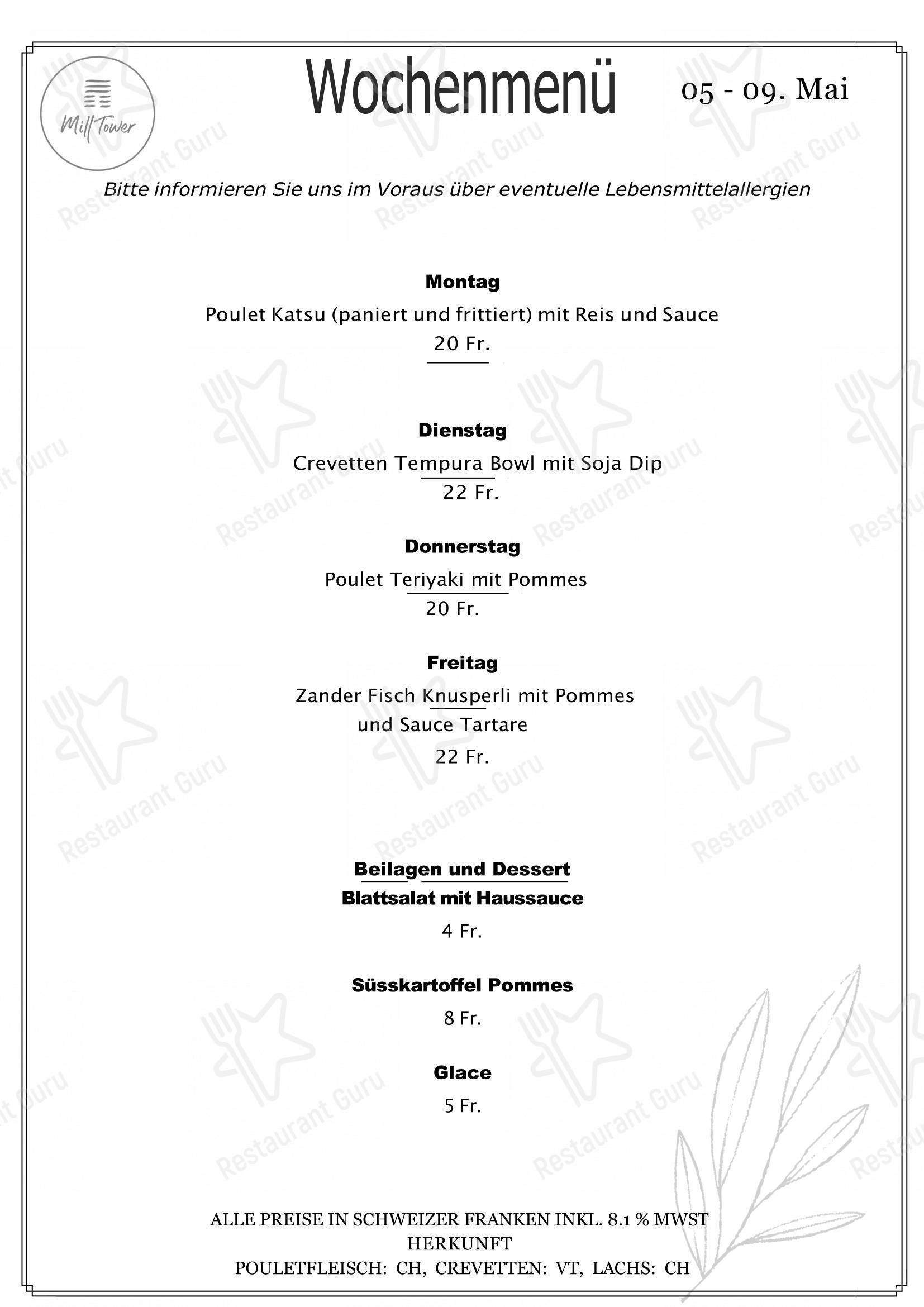 Mill Tower Bar & Restaurant in Roggwil - Menu bar