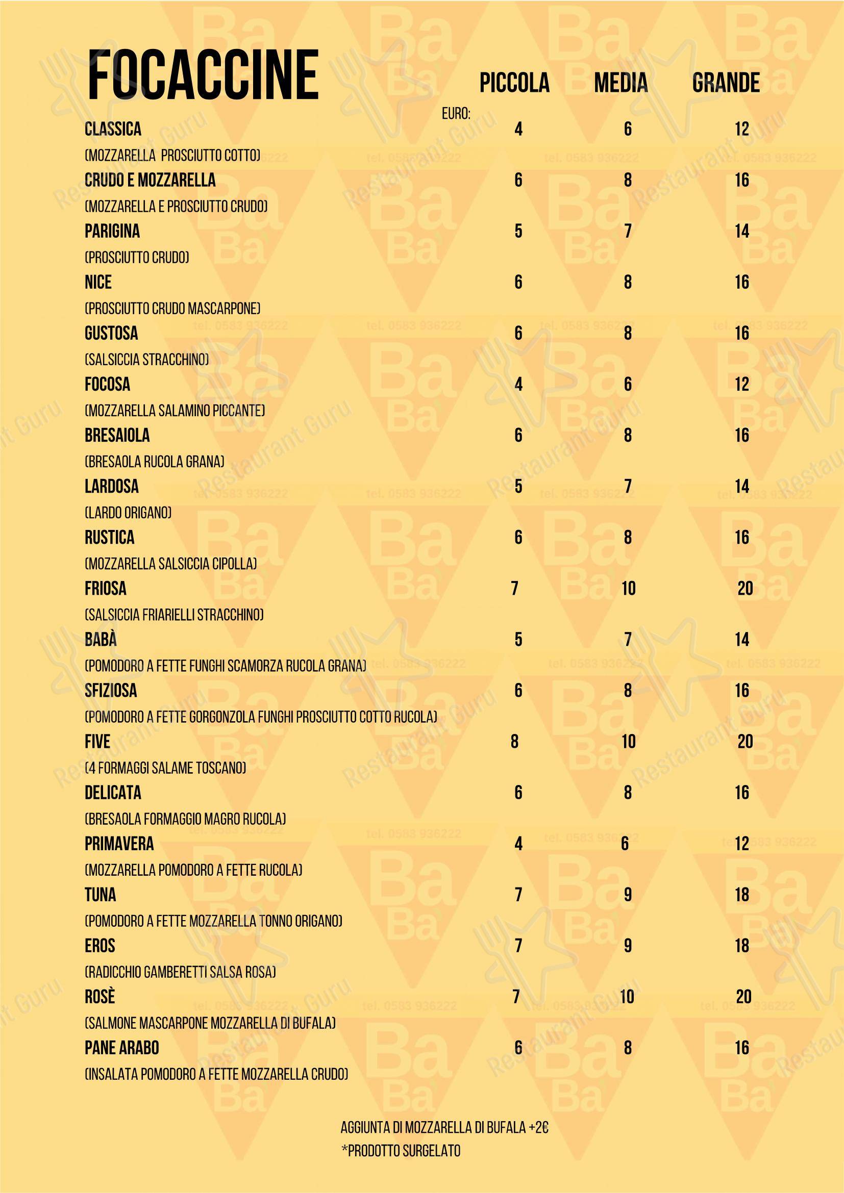 Menu bar per Pizzeria Babà in Capannori