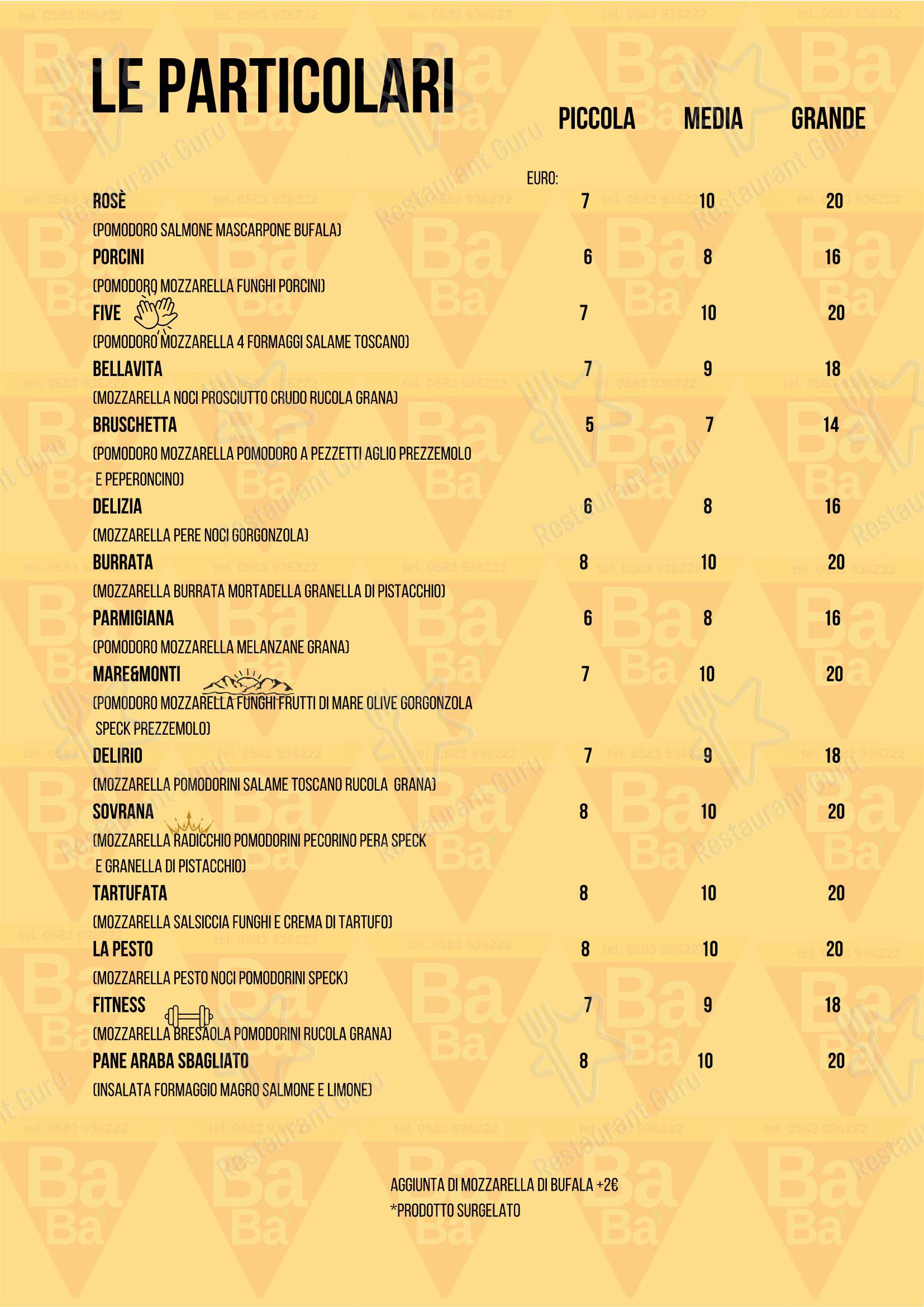 Menu bar per Pizzeria Babà in Capannori