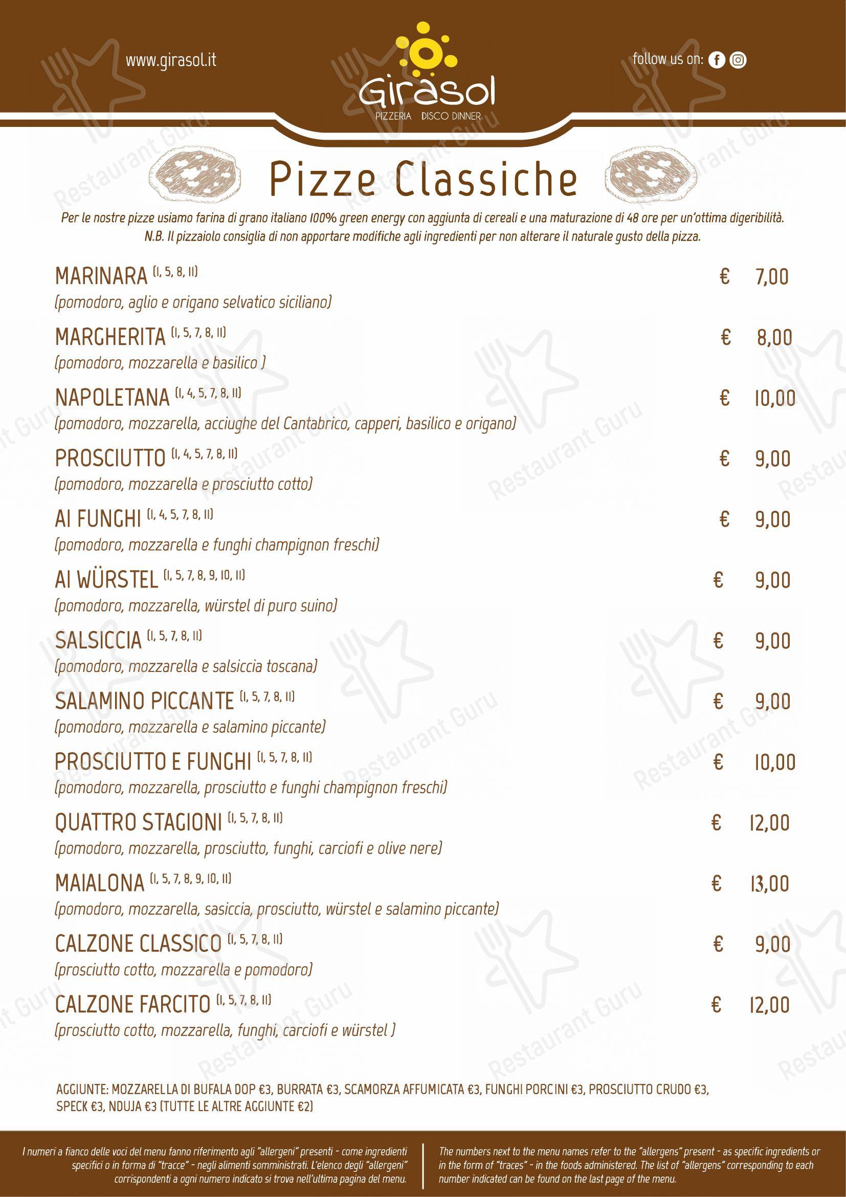 Pizzeria Ristorante Girasol in Firenze - Основное меню