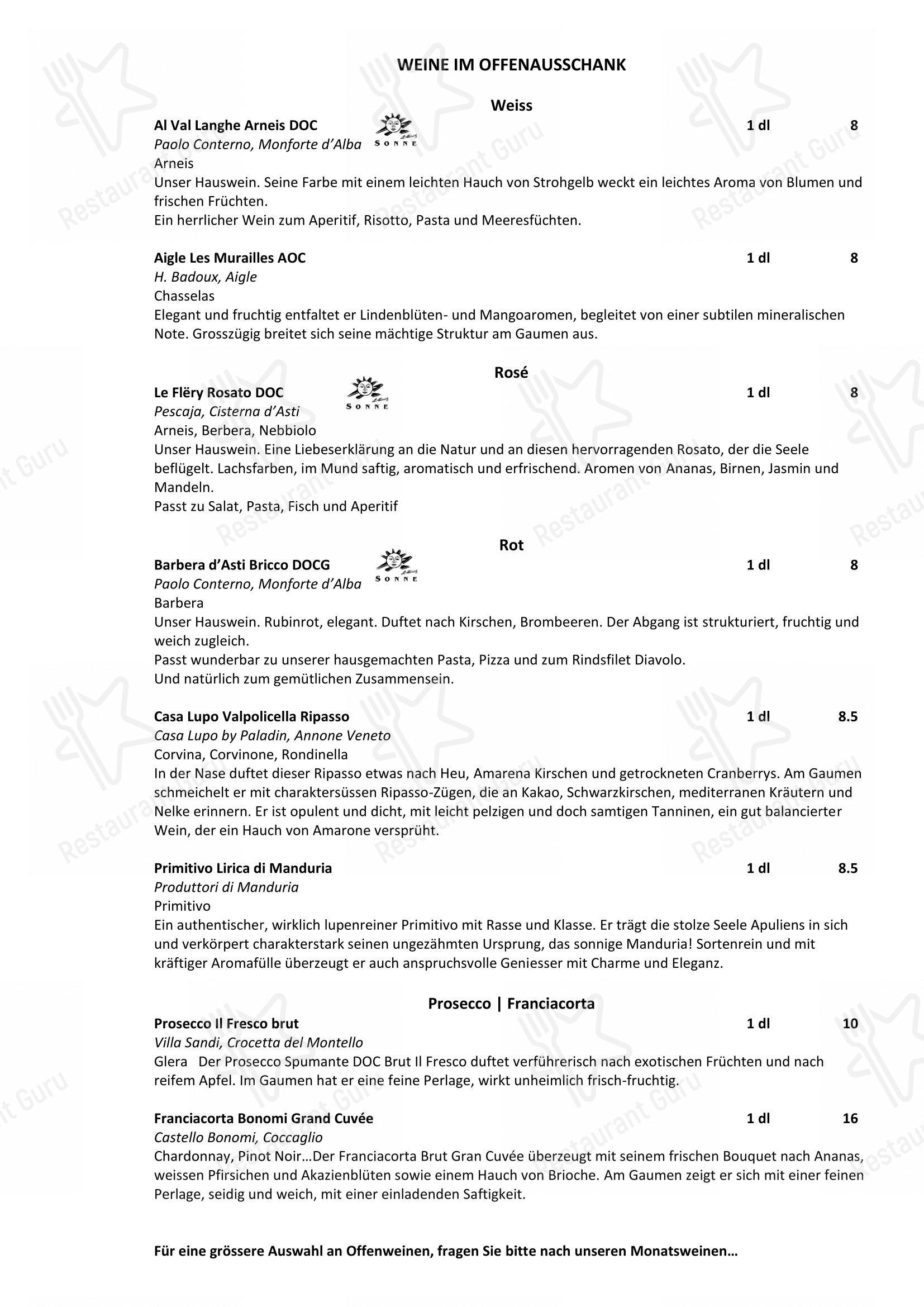 Menu di Restaurant Sonne - Menu bar