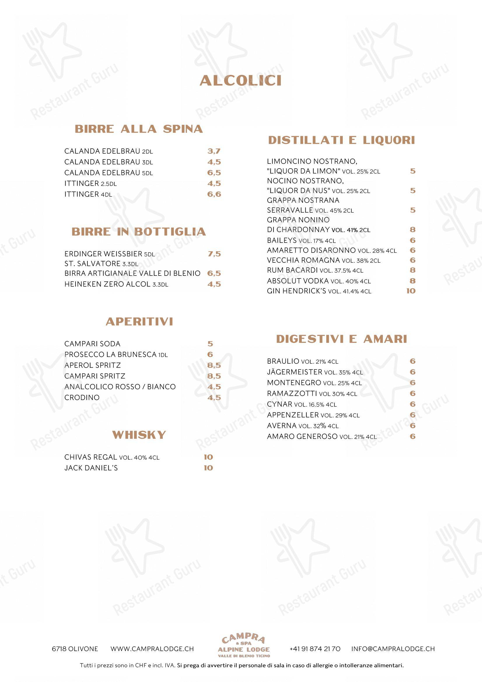 Основное меню per Ristorante Campra Il Ritrovo in Blenio