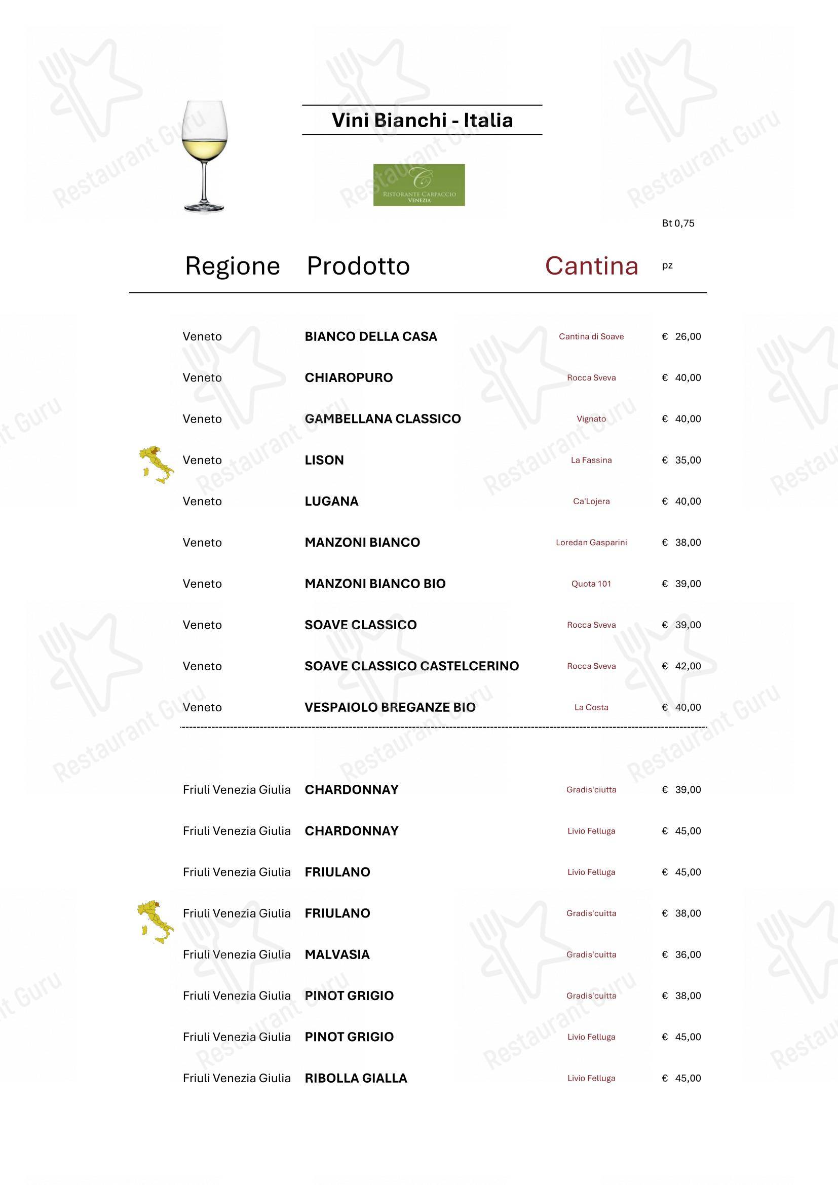 Menu bar per Ristorante Carpaccio Venezia in Venezia