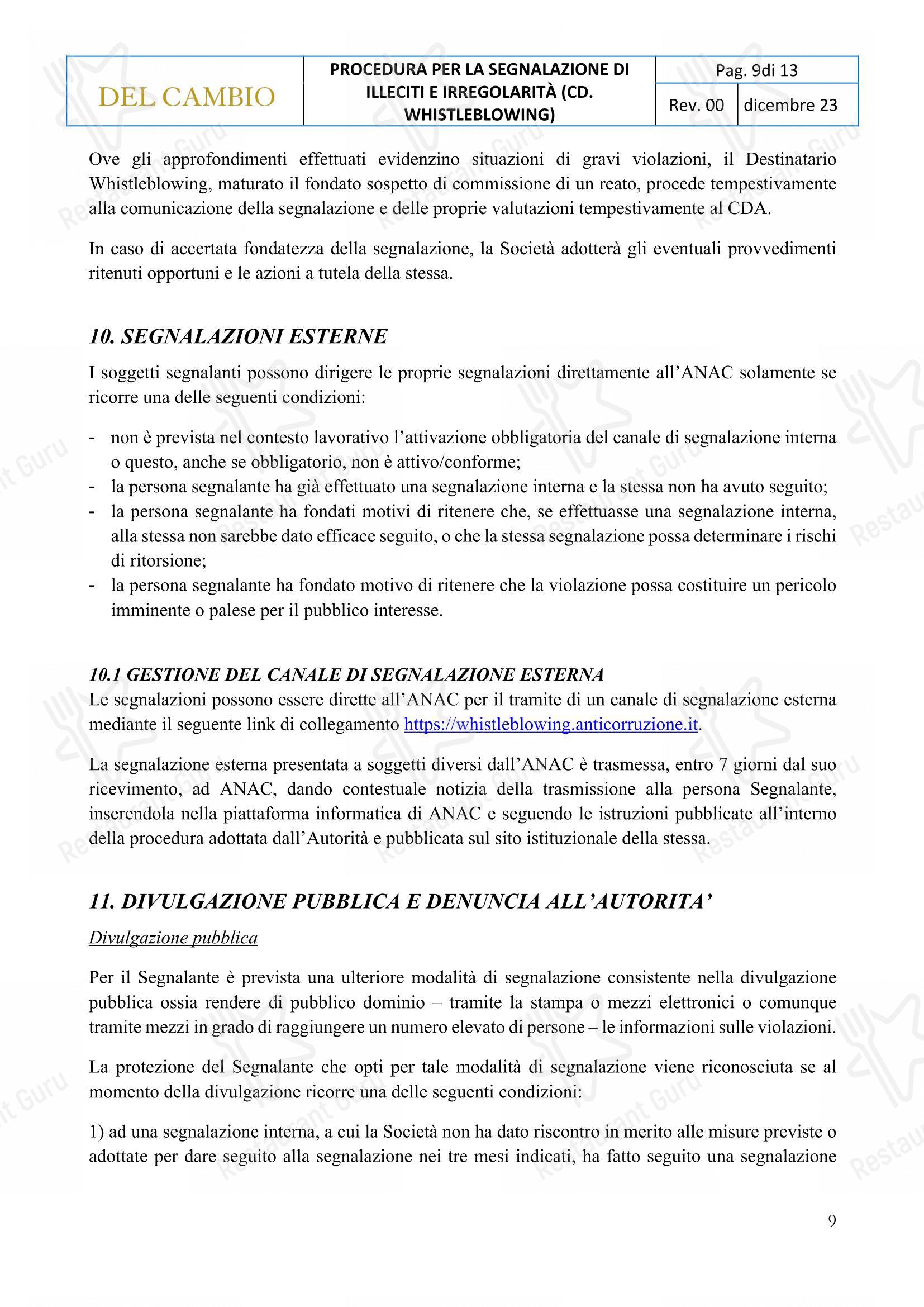 Menu per Ristorante Del Cambio ristorante