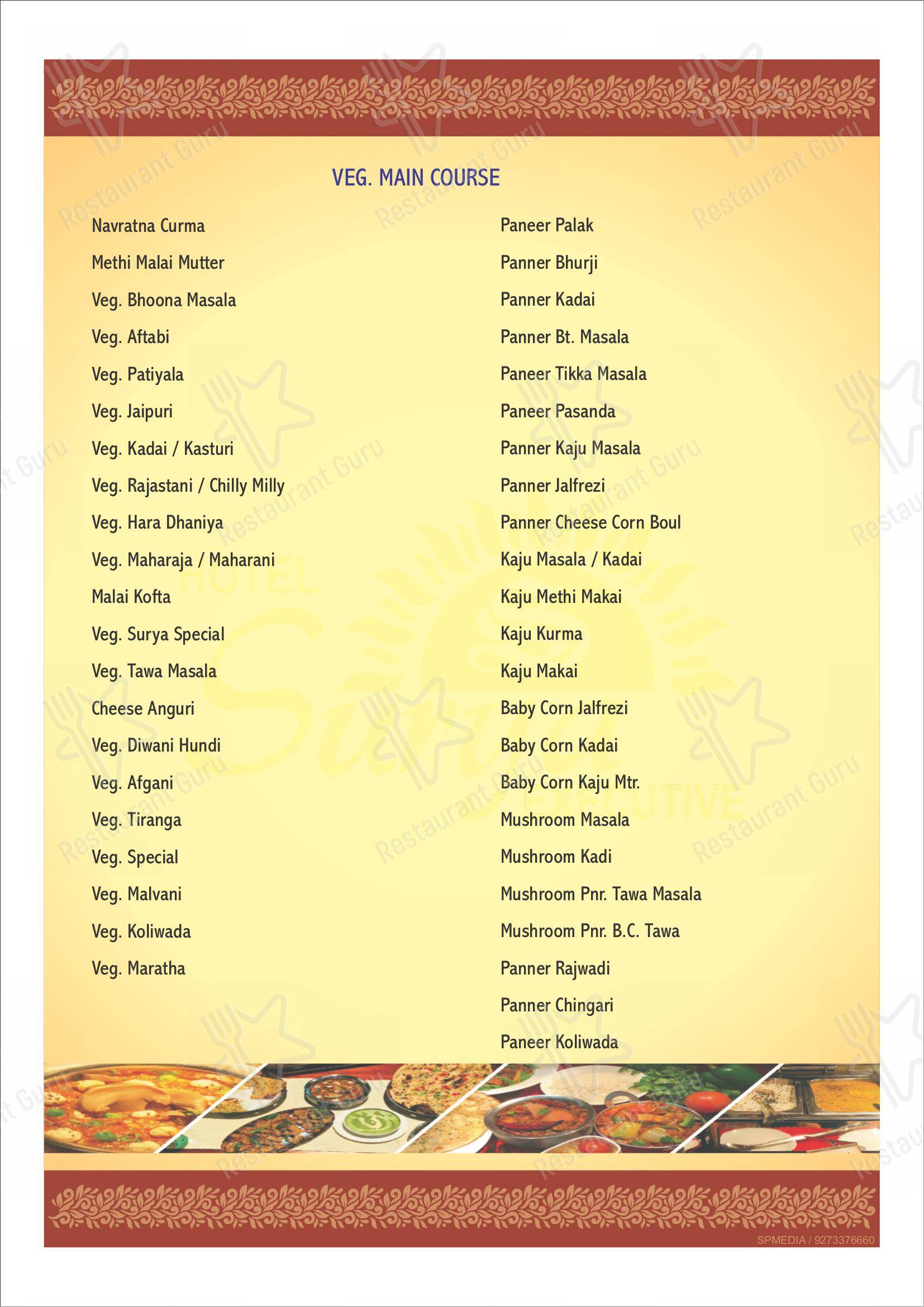Menu for the Surya Executive Hotel