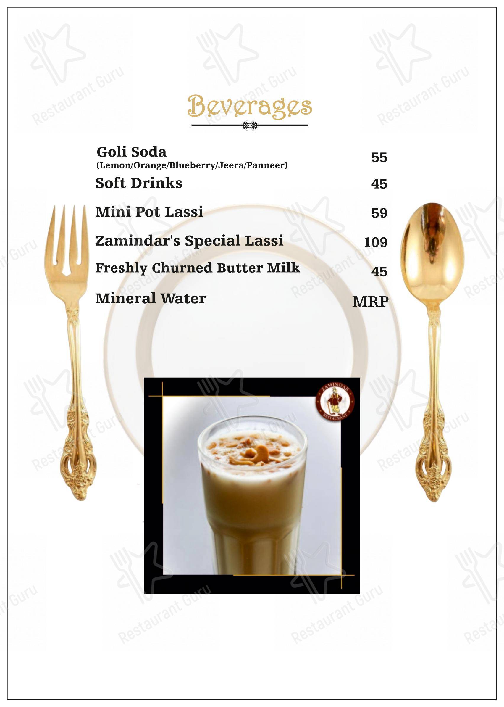 Menu for the Zamindar Restaurant restaurant