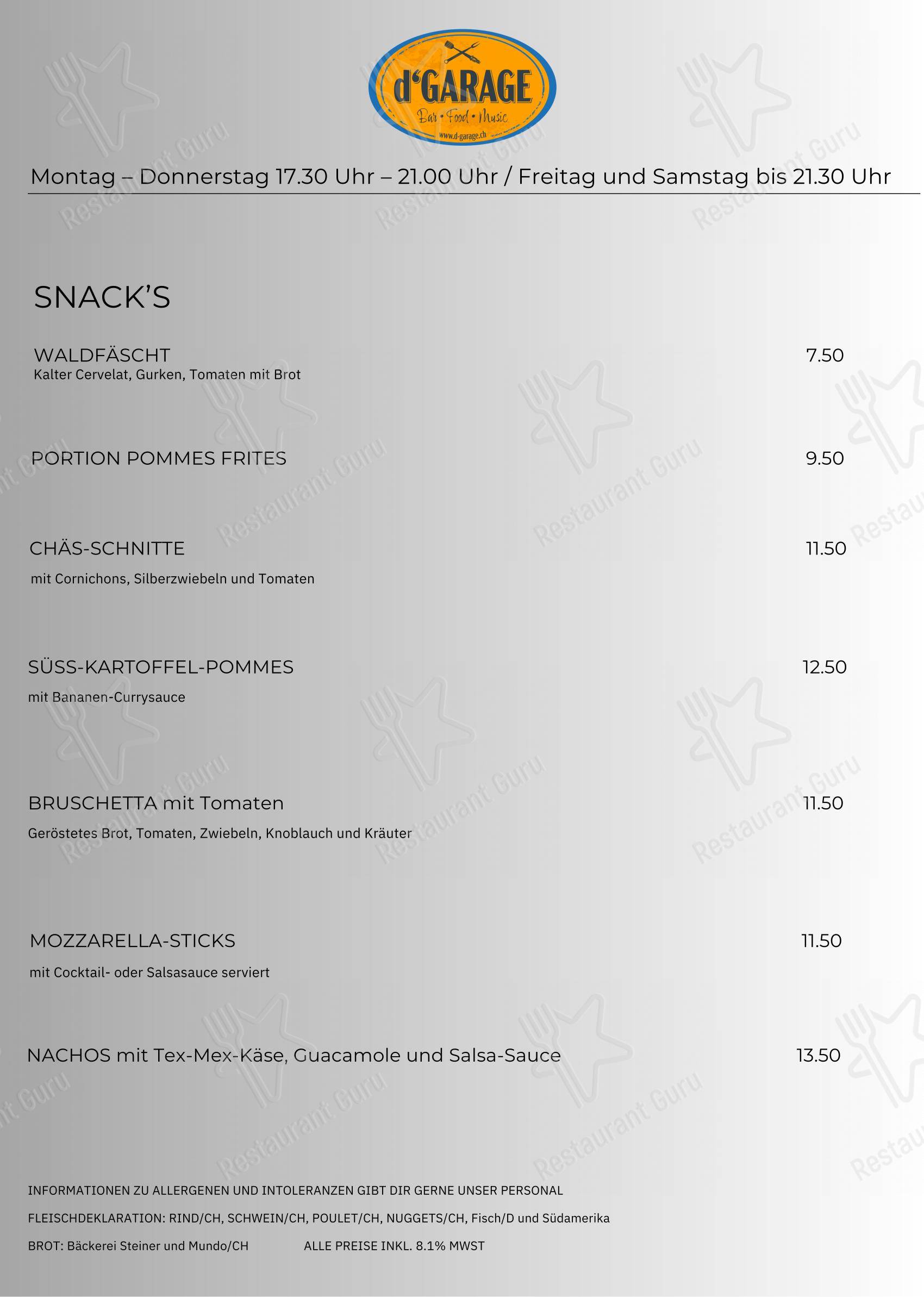 d`GARAGE in Hinwil - Основное меню