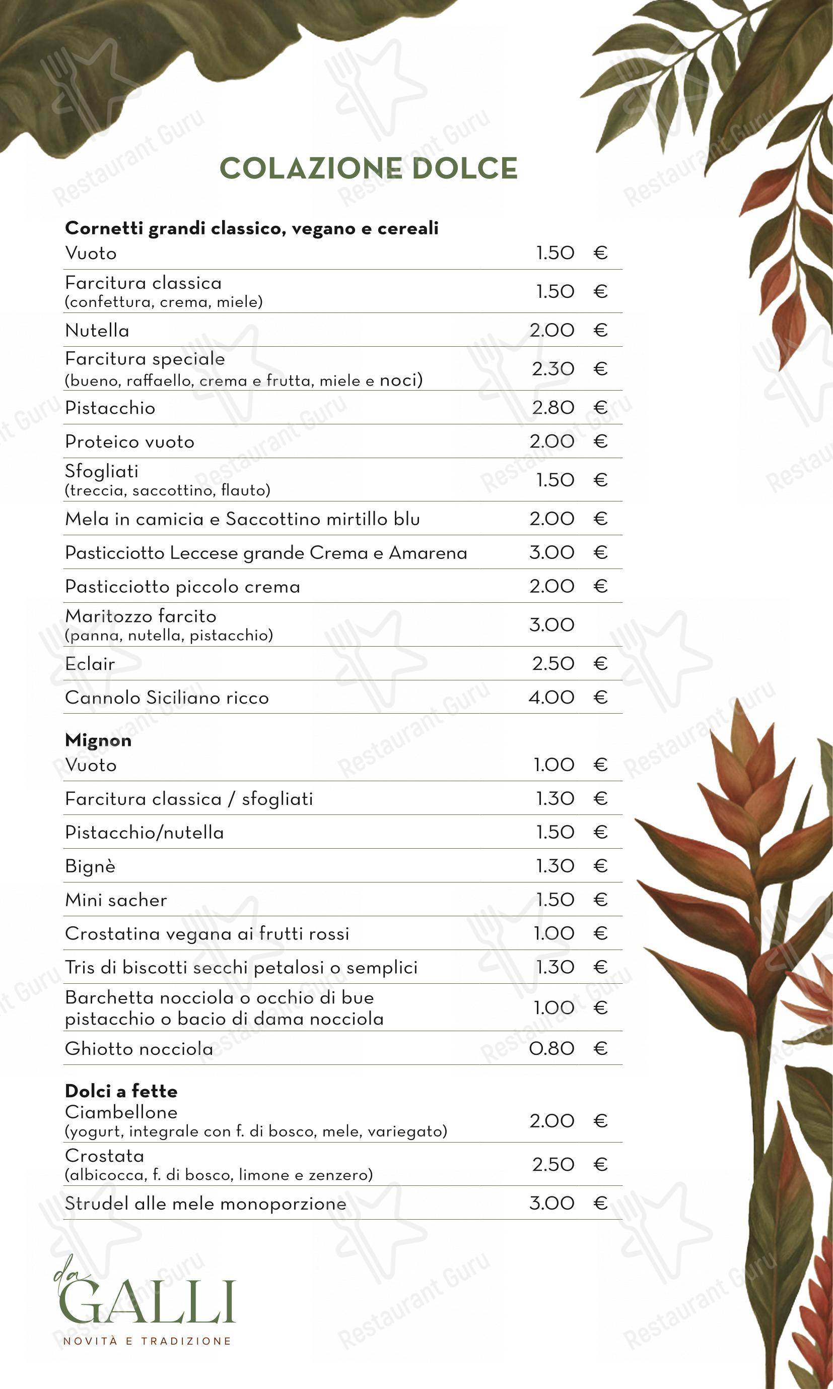 Menu per da Galli bakery e gelateria