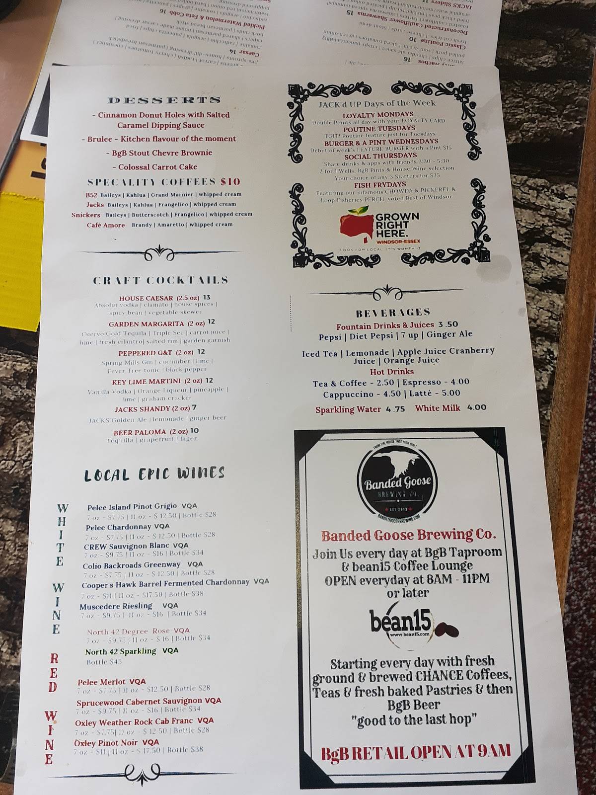Menu at The Goose Kitchen + Bar by Jack's GastroPub, Kingsville