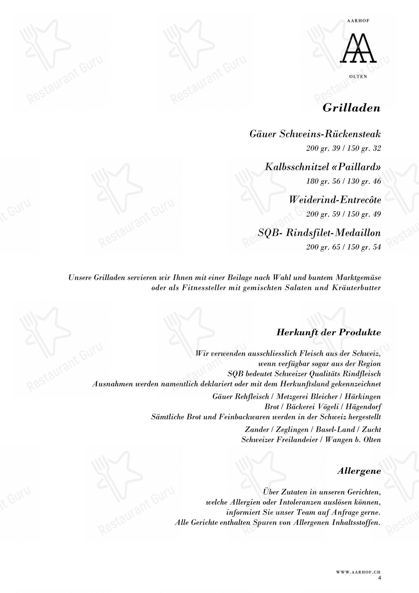 Menu pour Restaurant Aarhof restaurant