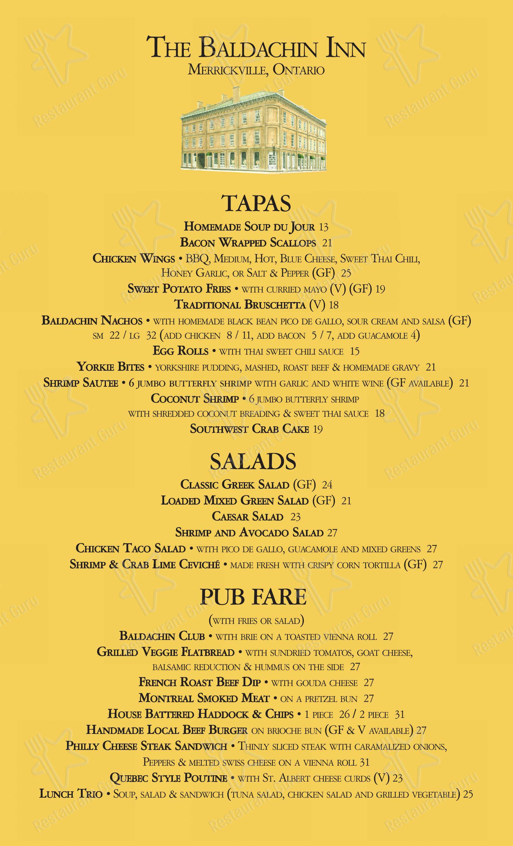 Menu at Baldachin Inn pub & bar, Merrickville