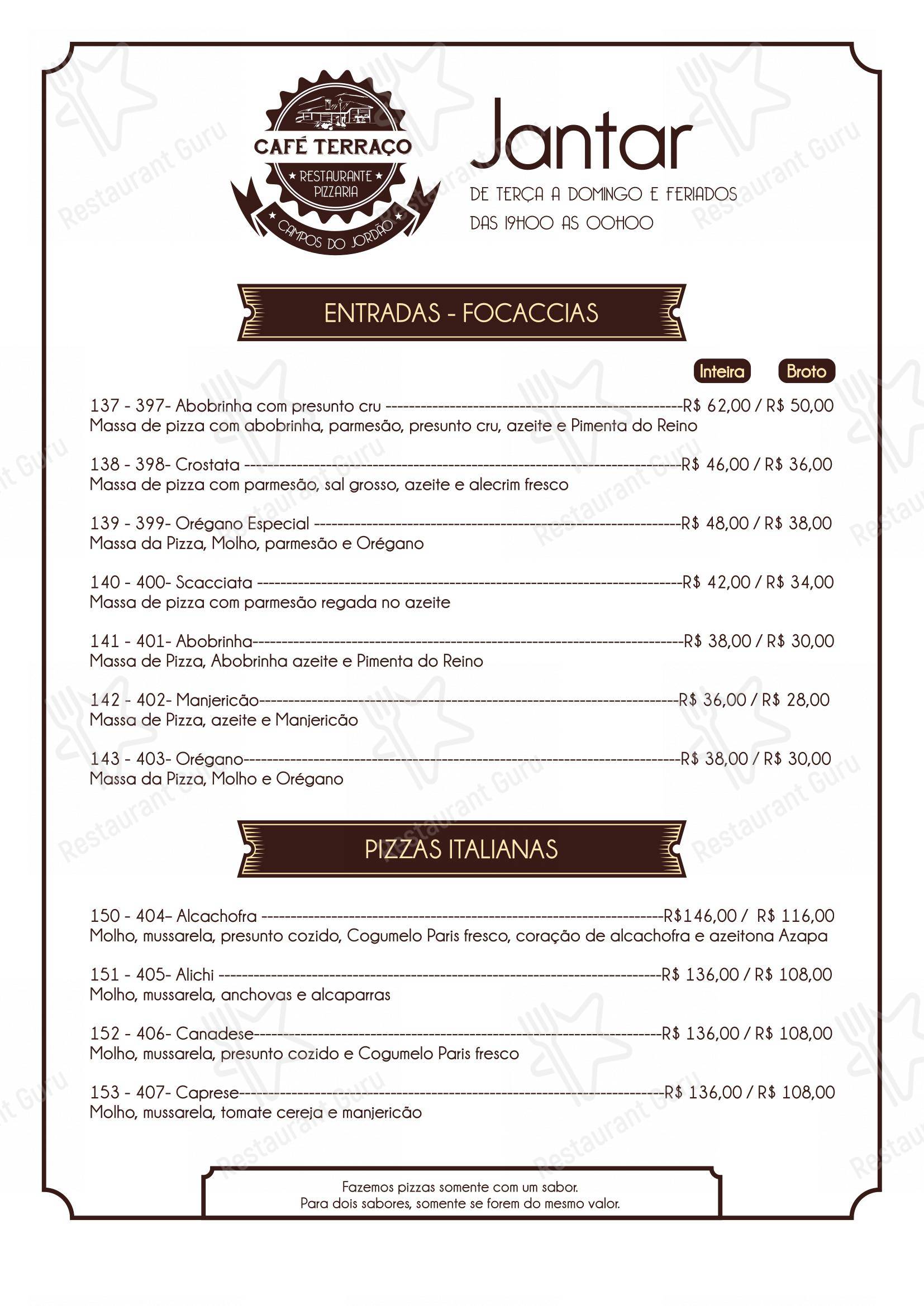 Menu bar para Café Terraço Pizzaria Artesanal e Bistrô pizzaria