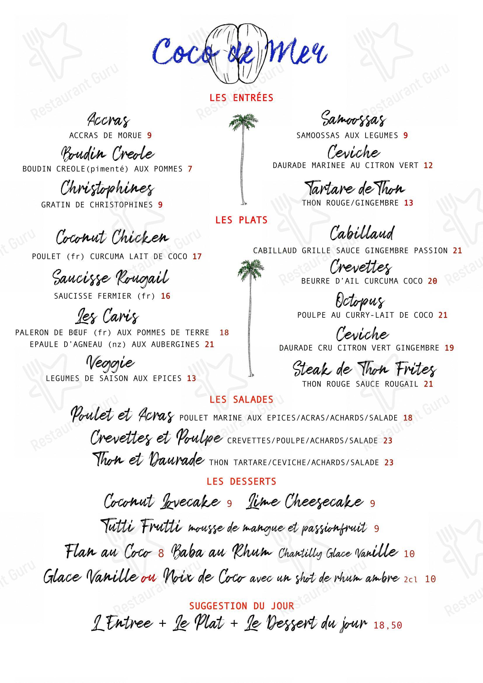 Menu pour Coco de Mer - Menu