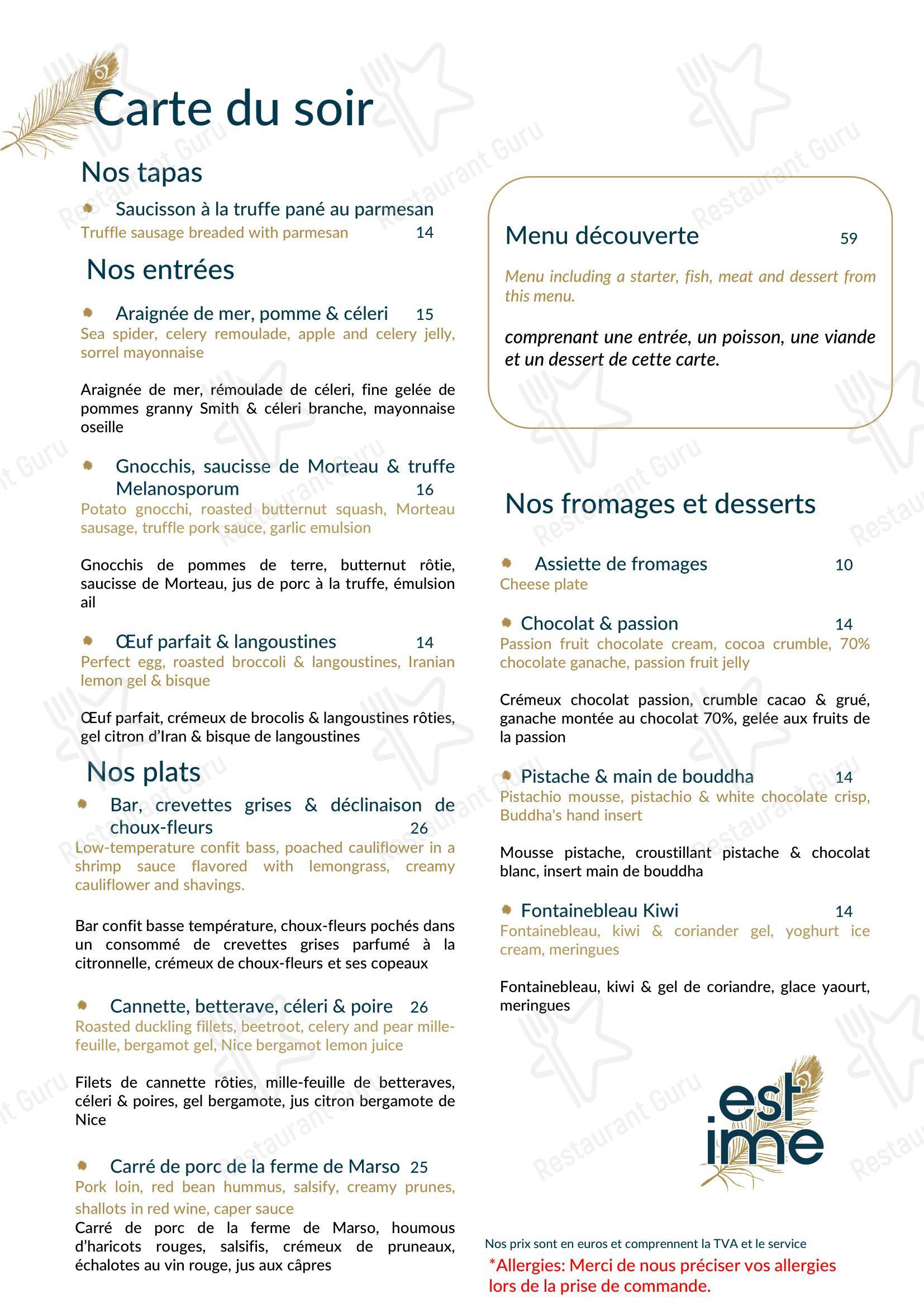 菜单 pour Estime restaurant
