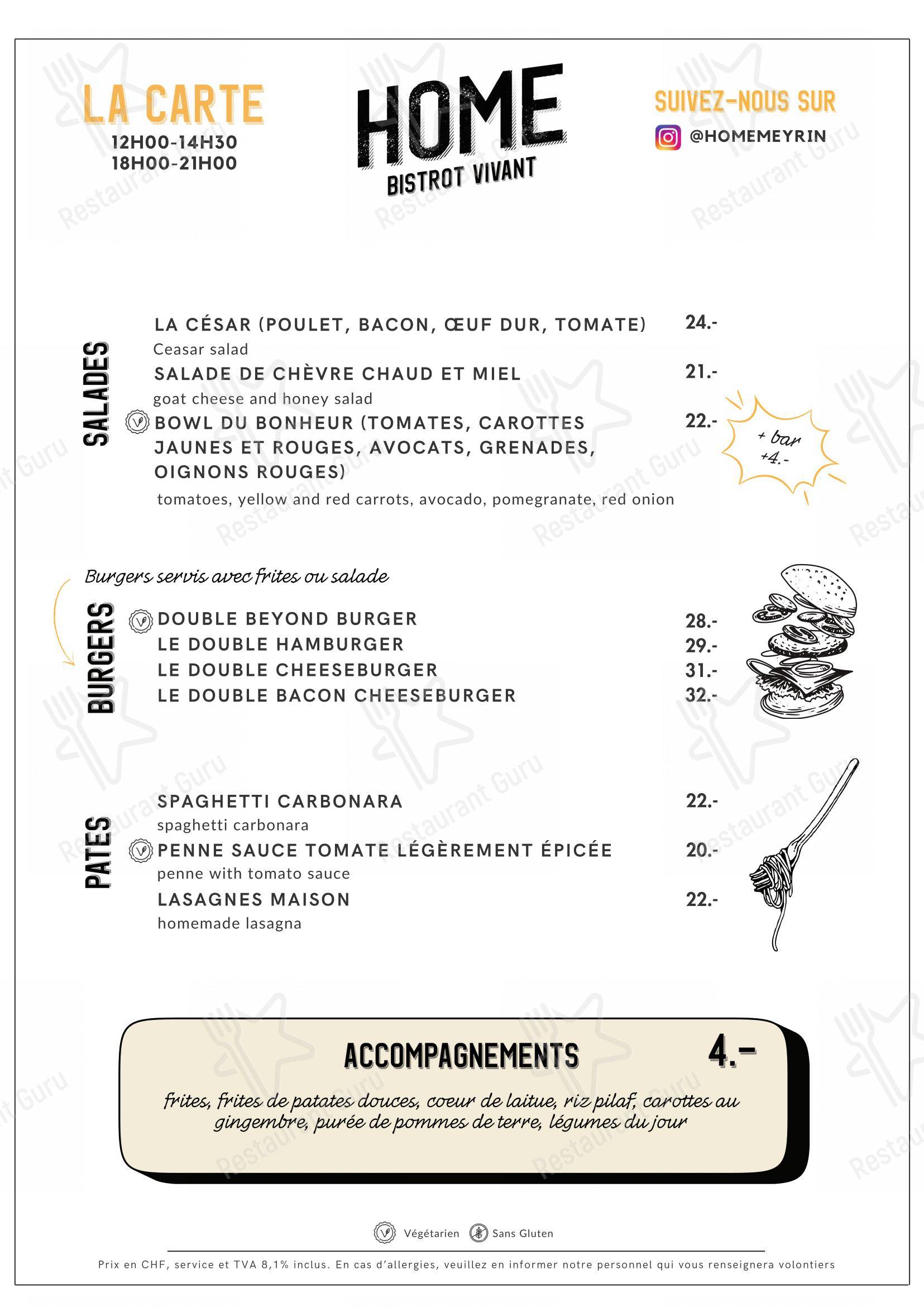HOME Restaurant in Meyrin - Menu