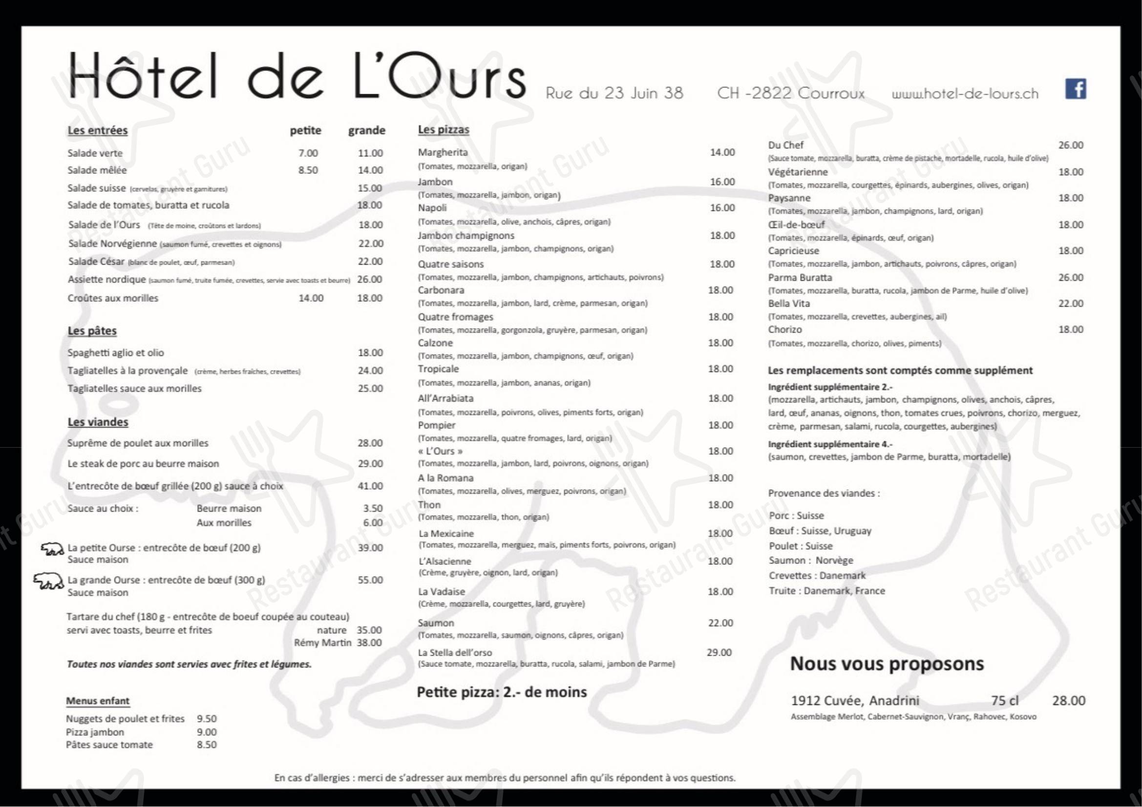 Основное меню per Hôtel Restaurant Pizzeria de l'Ours pizzeria