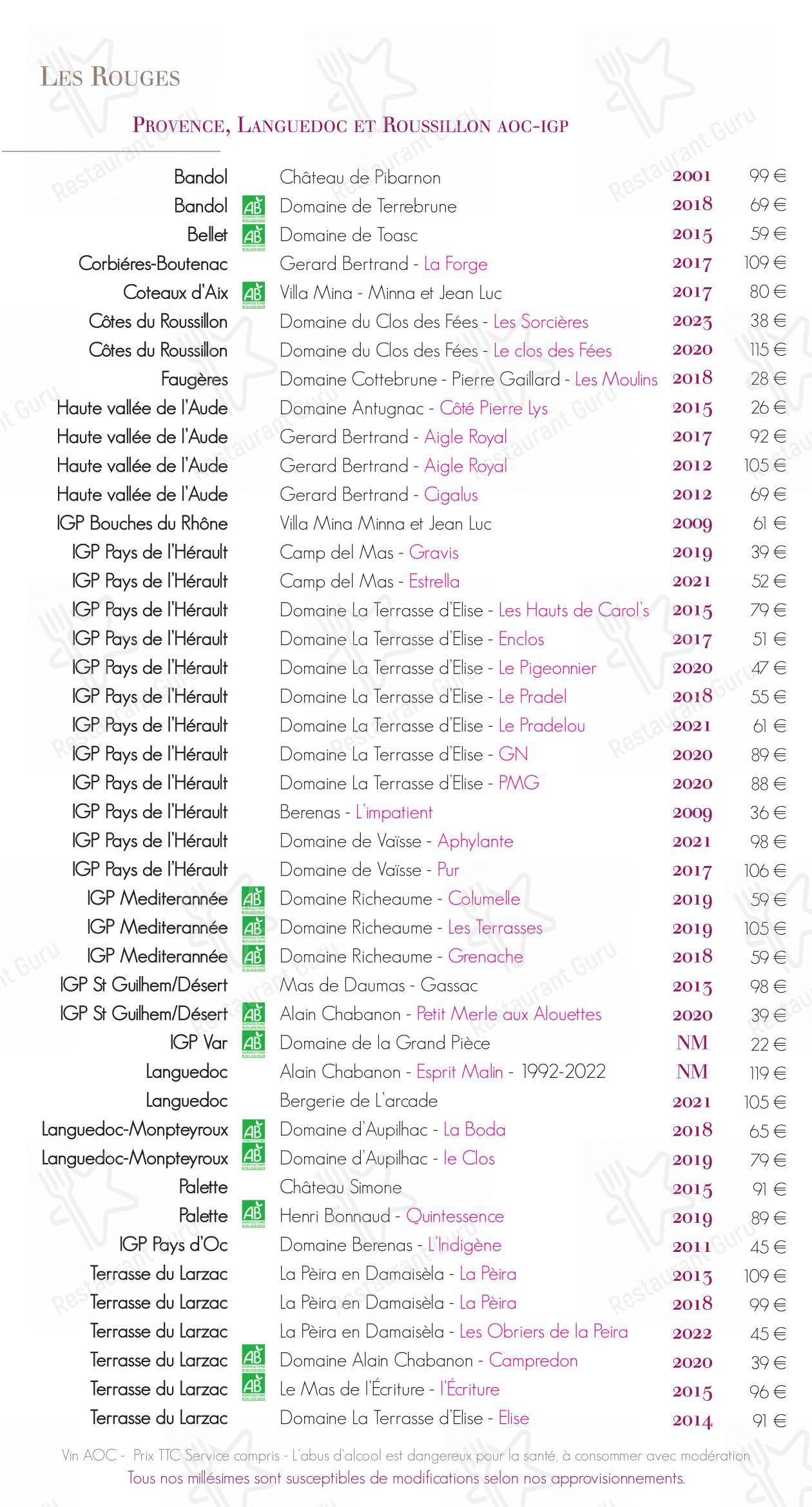 La Table du Donjon dans Oingt - Menu