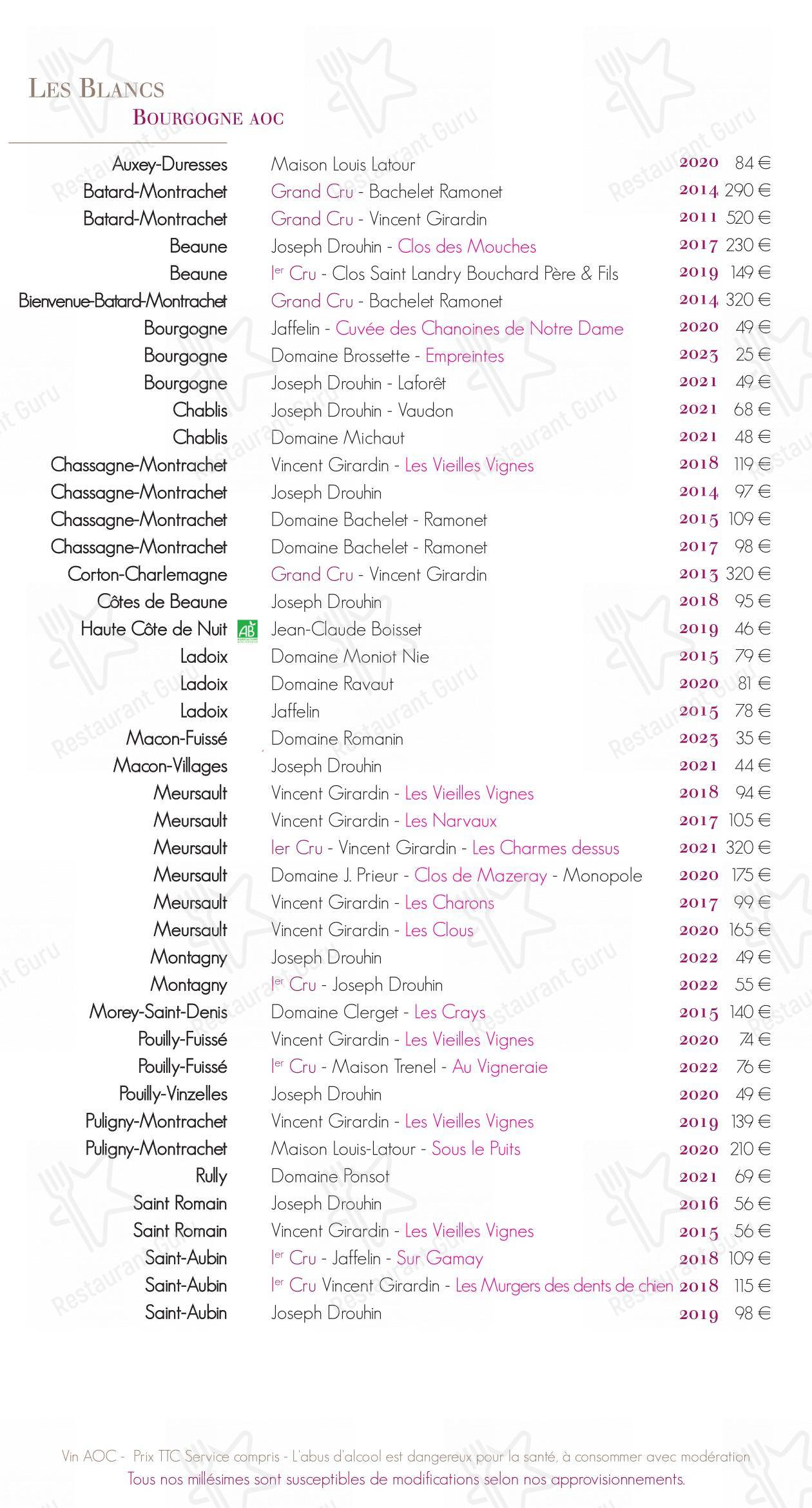 La Table du Donjon dans Oingt - Menu