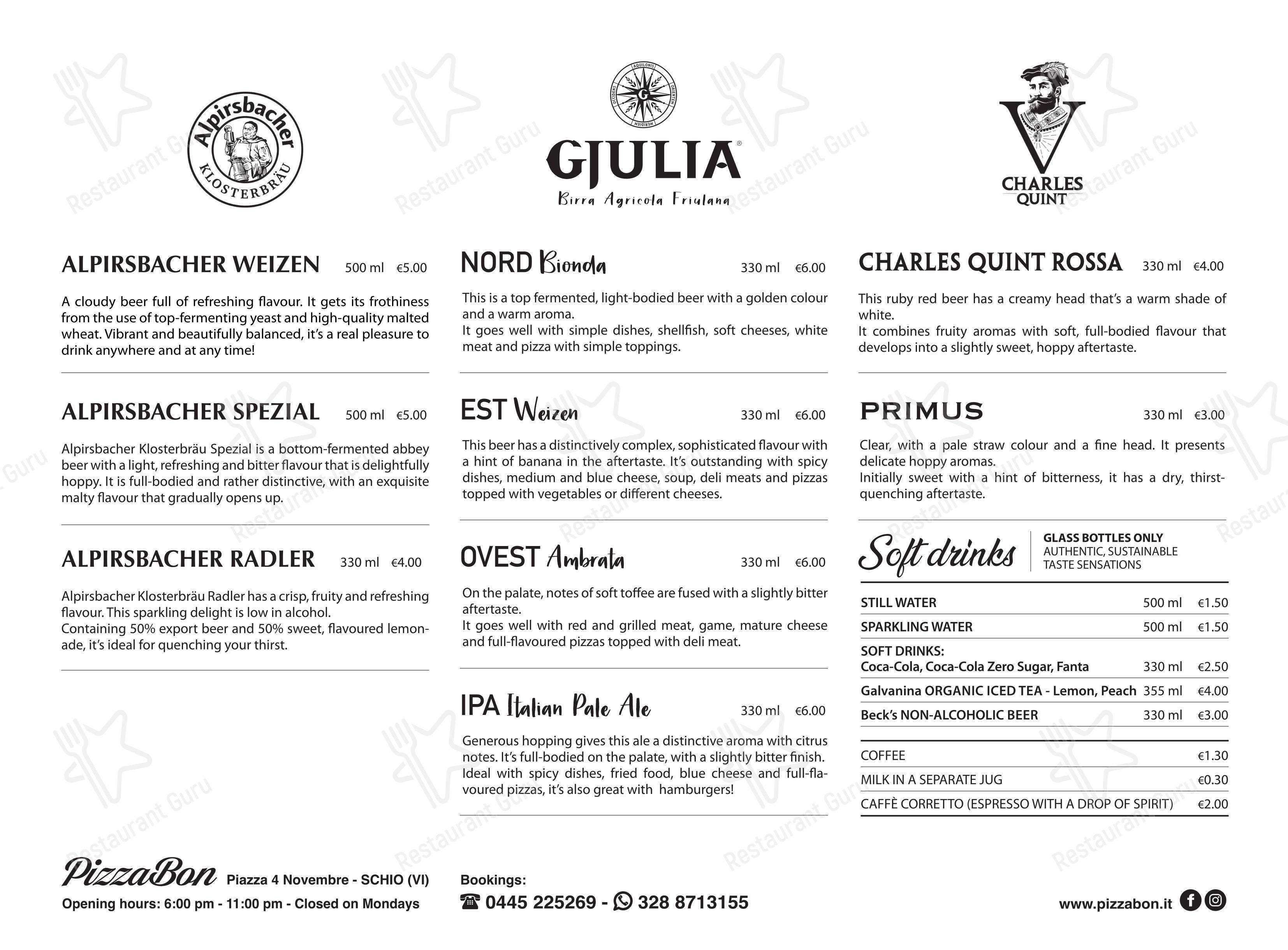 Menu bar per Pizza Bon pizzeria