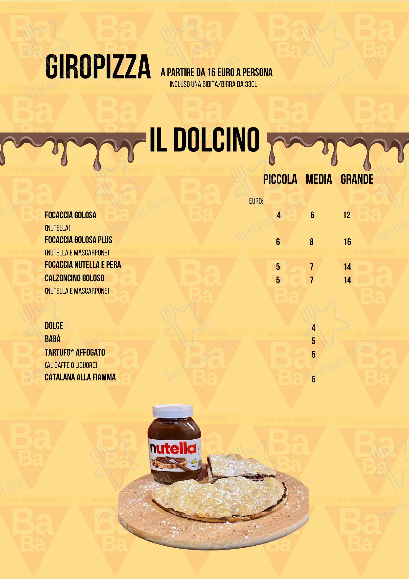 Menu di Pizzeria Babà - Menu bar